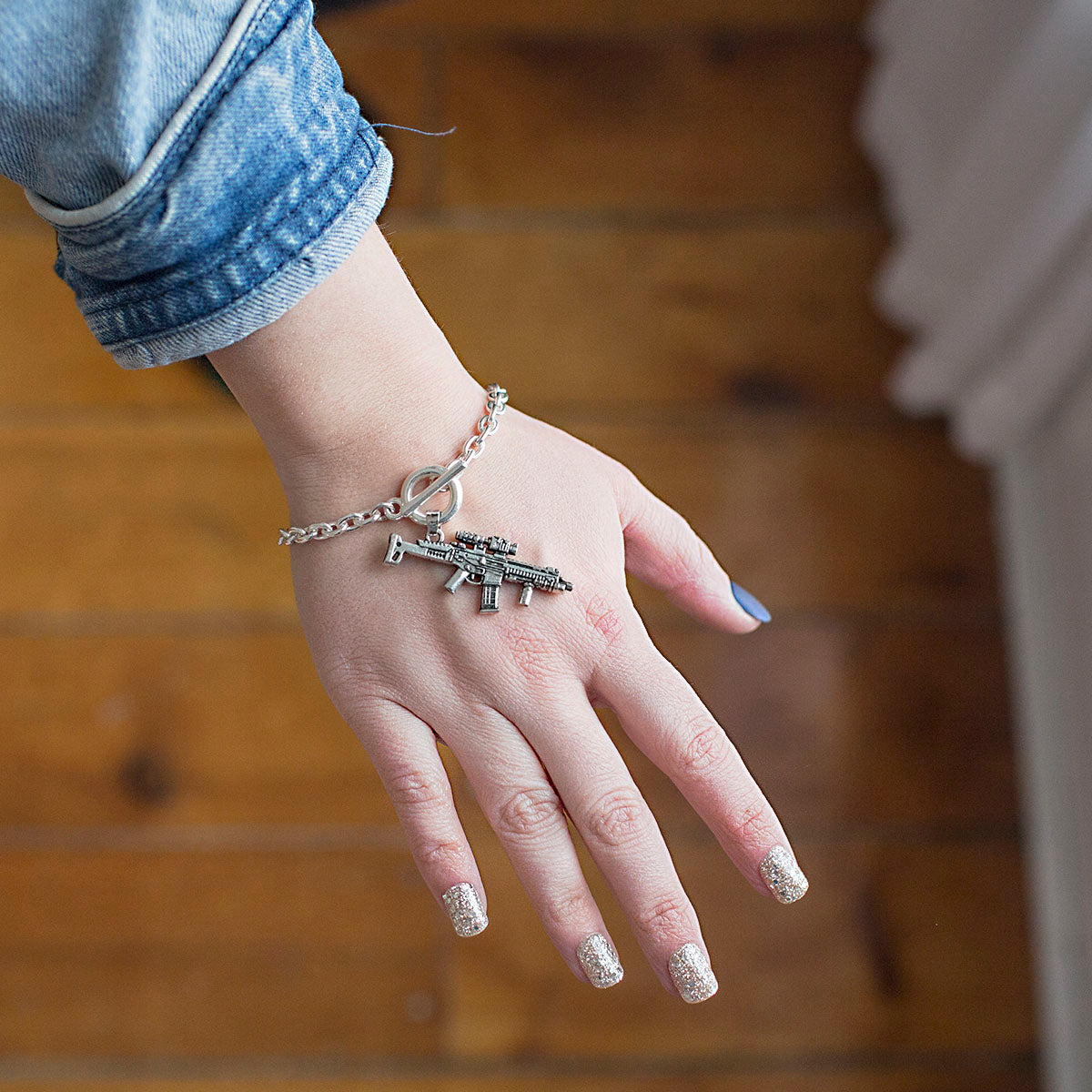 Silver Assault Rifle Charm Toggle Bracelet