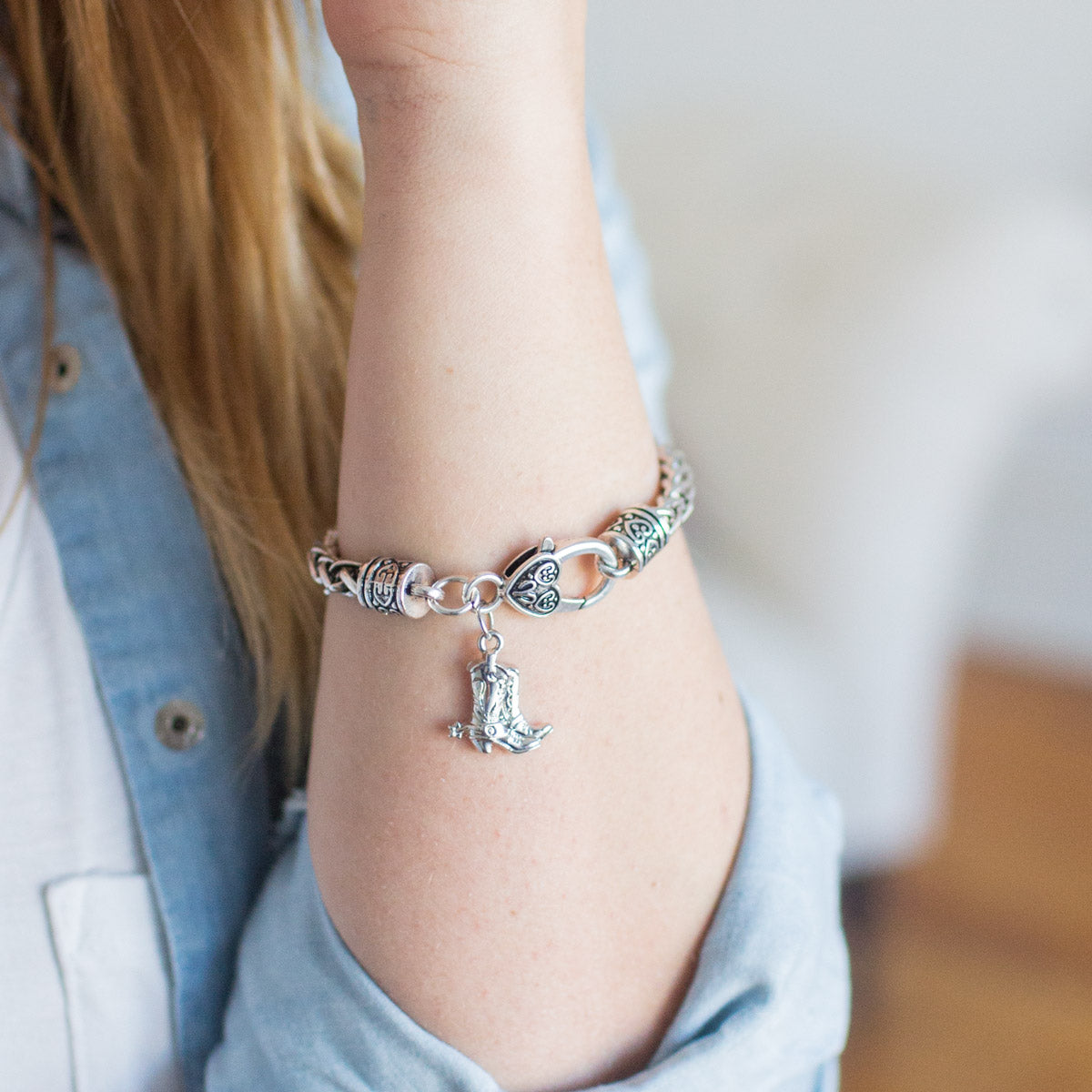 Silver Petite Cowgirl Boot Charm Braided Bracelet