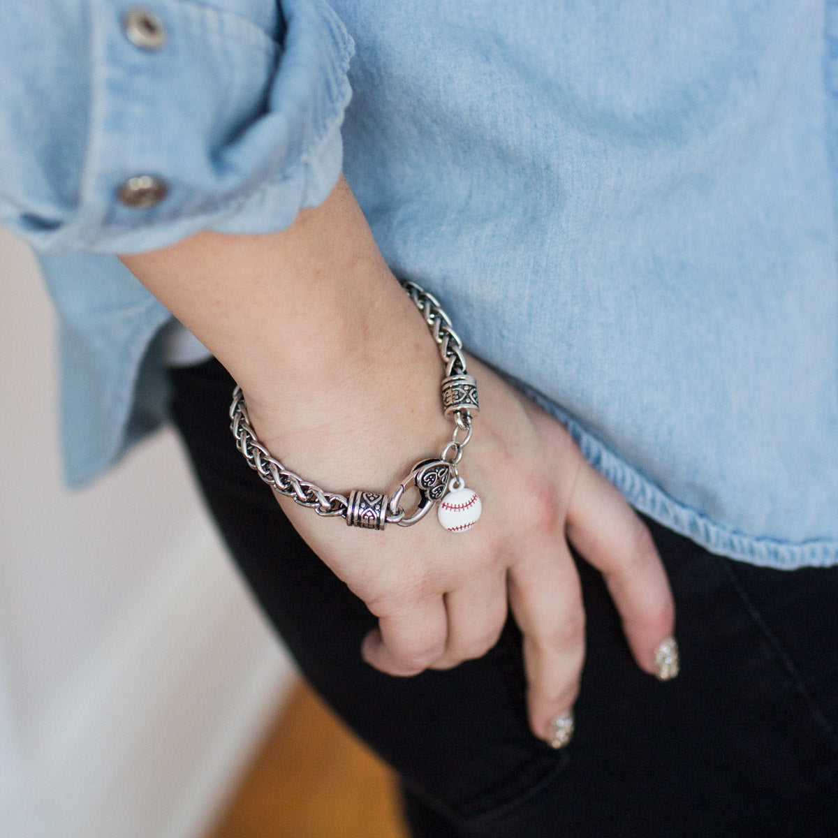 Silver Petite Baseball Charm Braided Bracelet