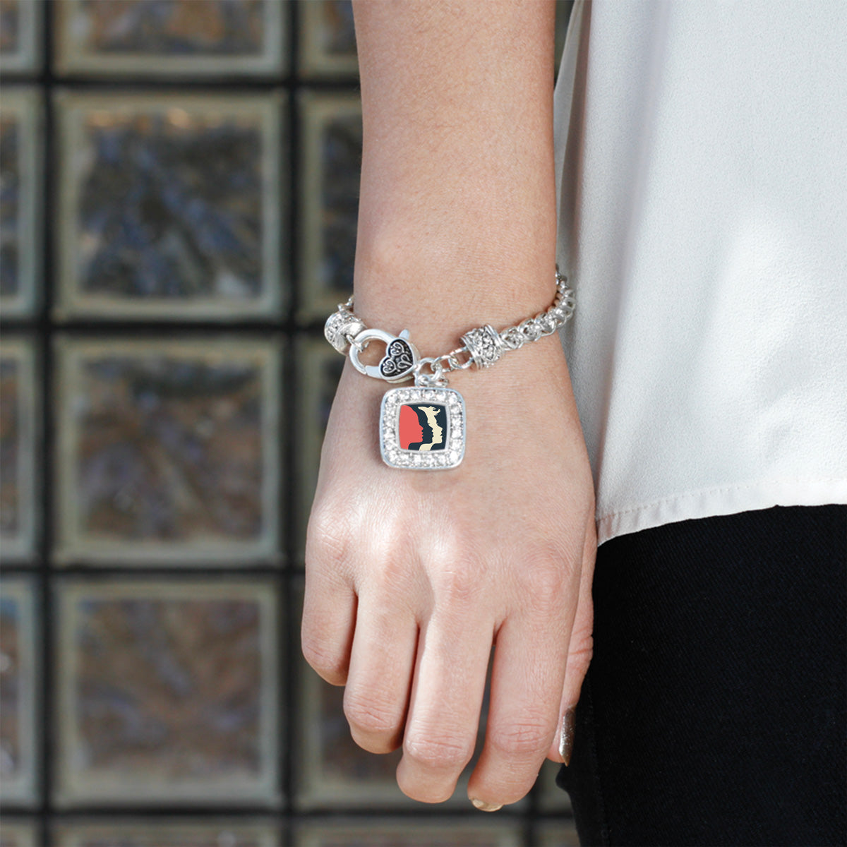 Silver Womens March Logo Square Charm Braided Bracelet
