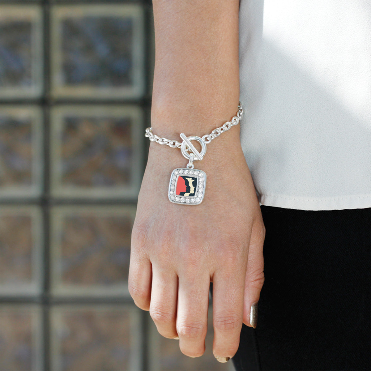 Silver Womens March Logo Square Charm Toggle Bracelet