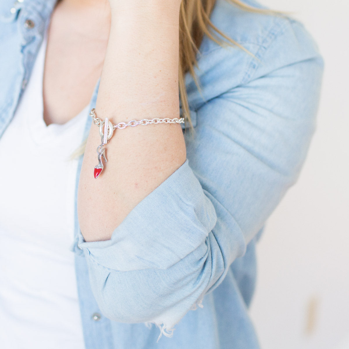Silver Red Heel Shoe Charm Toggle Bracelet