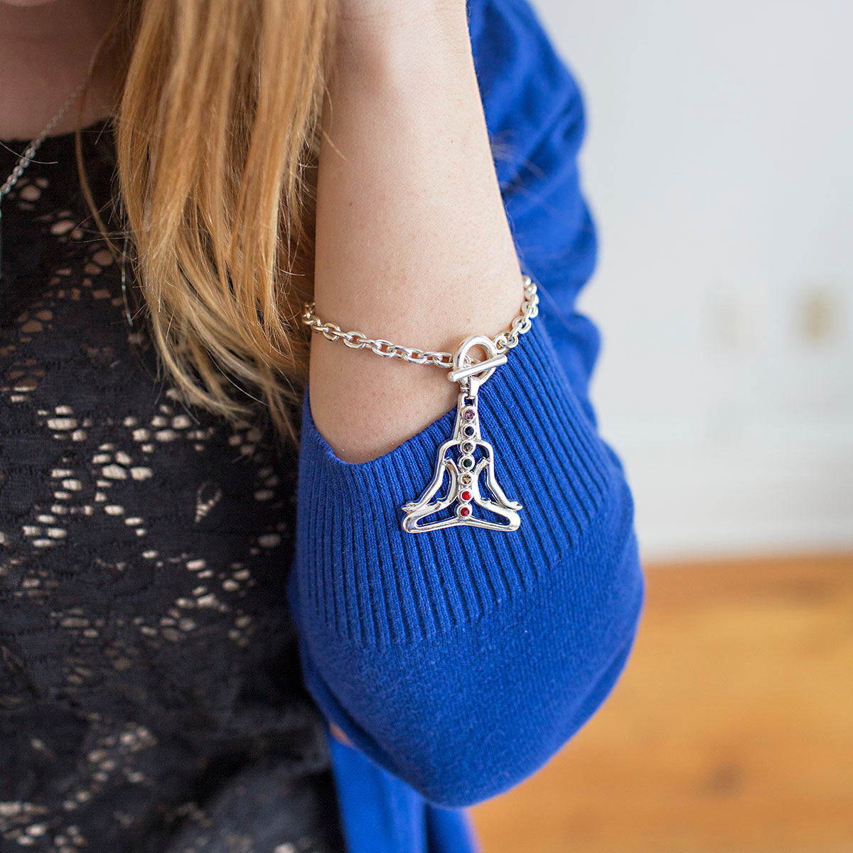 Silver Yoga Chakras Charm Toggle Bracelet