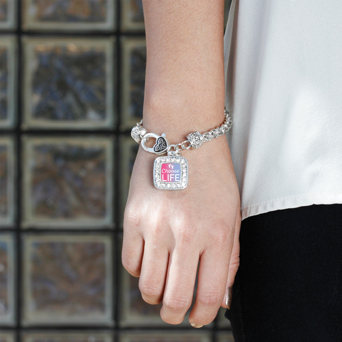 Silver Choose Life Square Charm Braided Bracelet