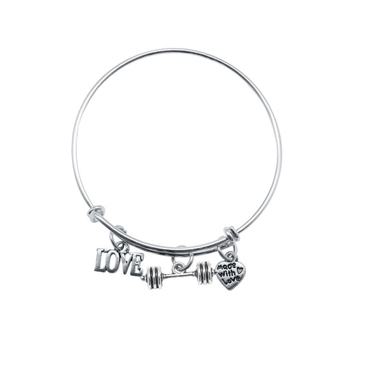 Silver Petite Dumbbell Bar Charm Wire Bangle Bracelet