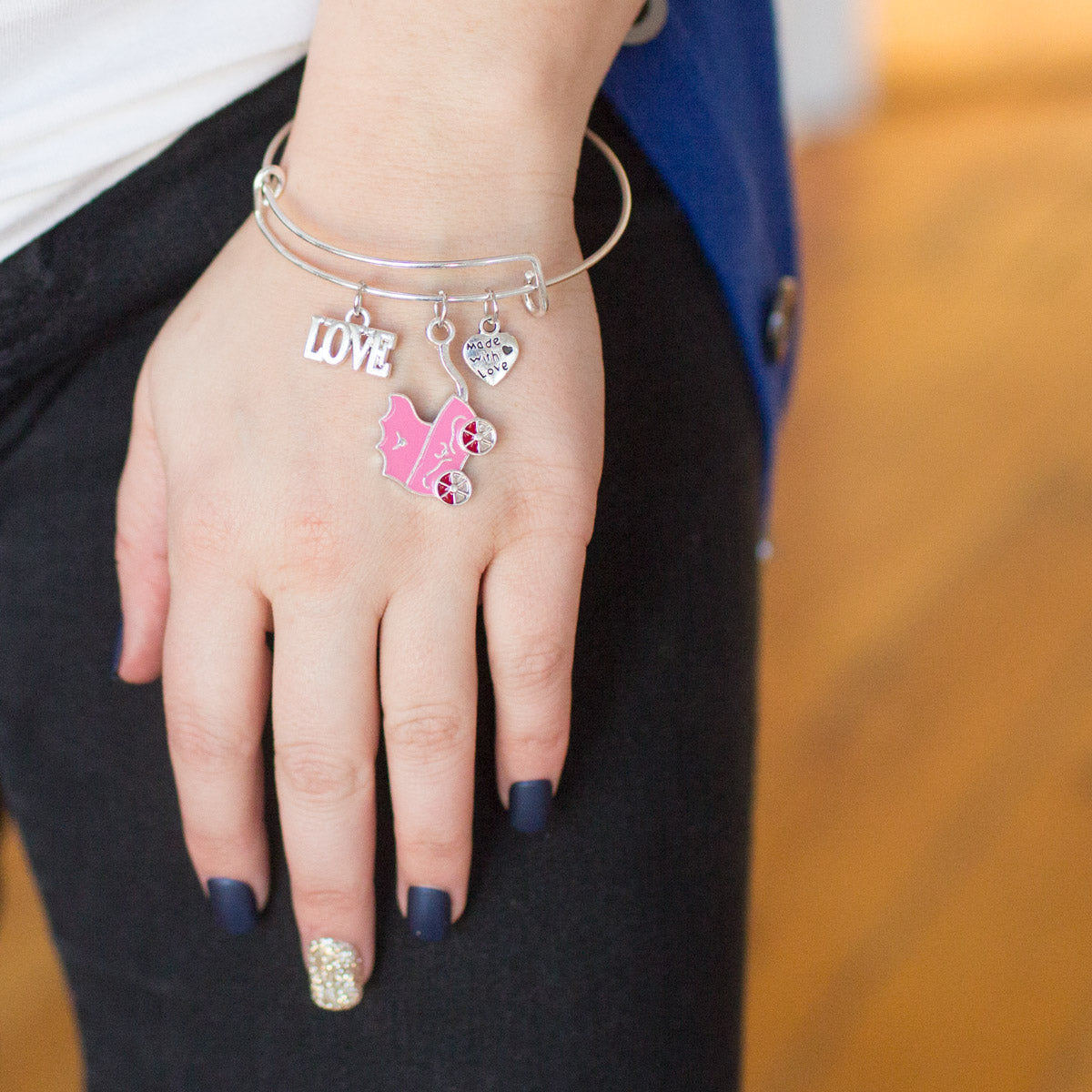 Silver Pink Stroller Charm Wire Bangle Bracelet