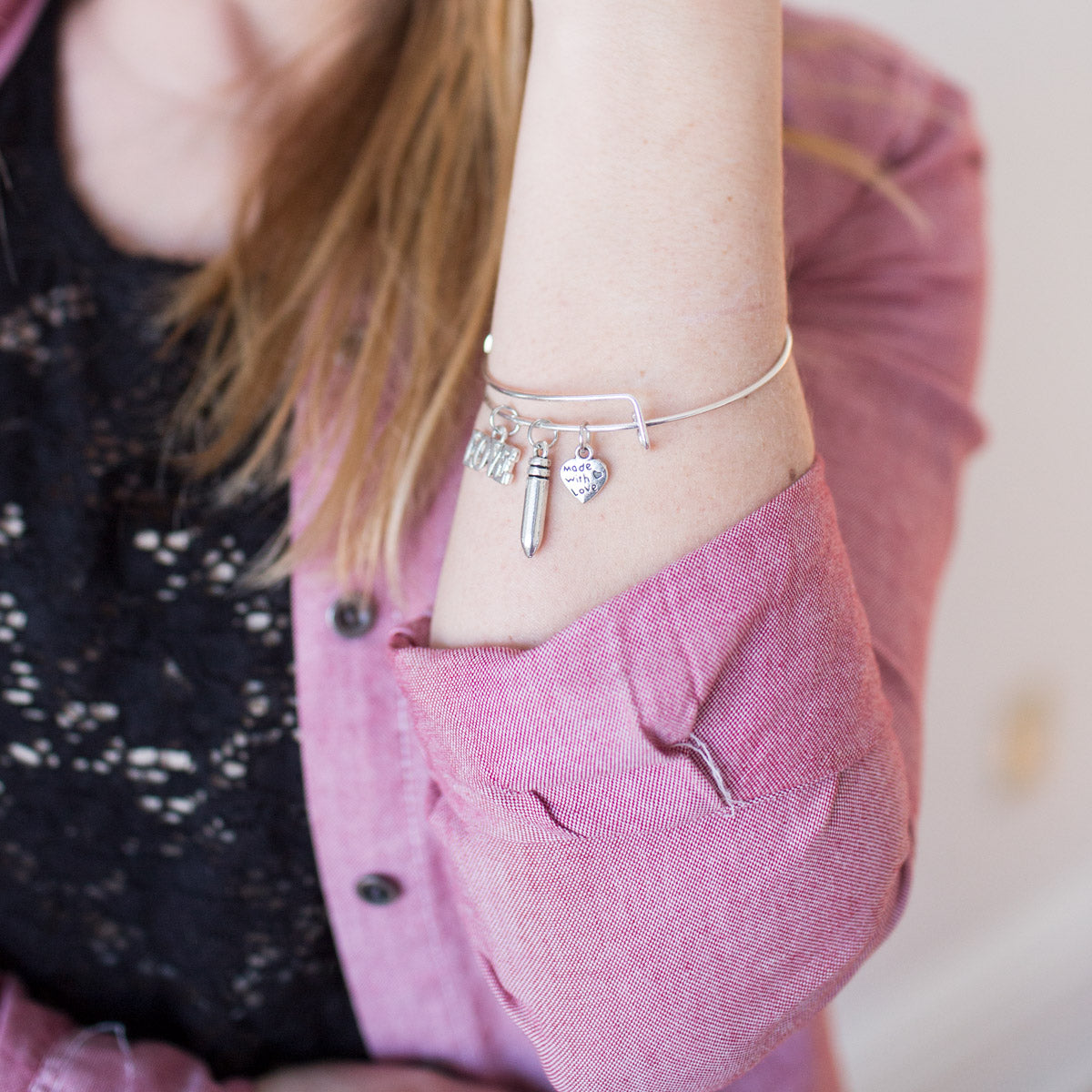 Silver Petite Bullet Charm Wire Bangle Bracelet