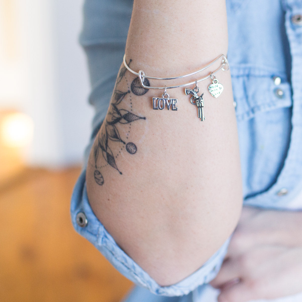Silver Revolver Charm Wire Bangle Bracelet