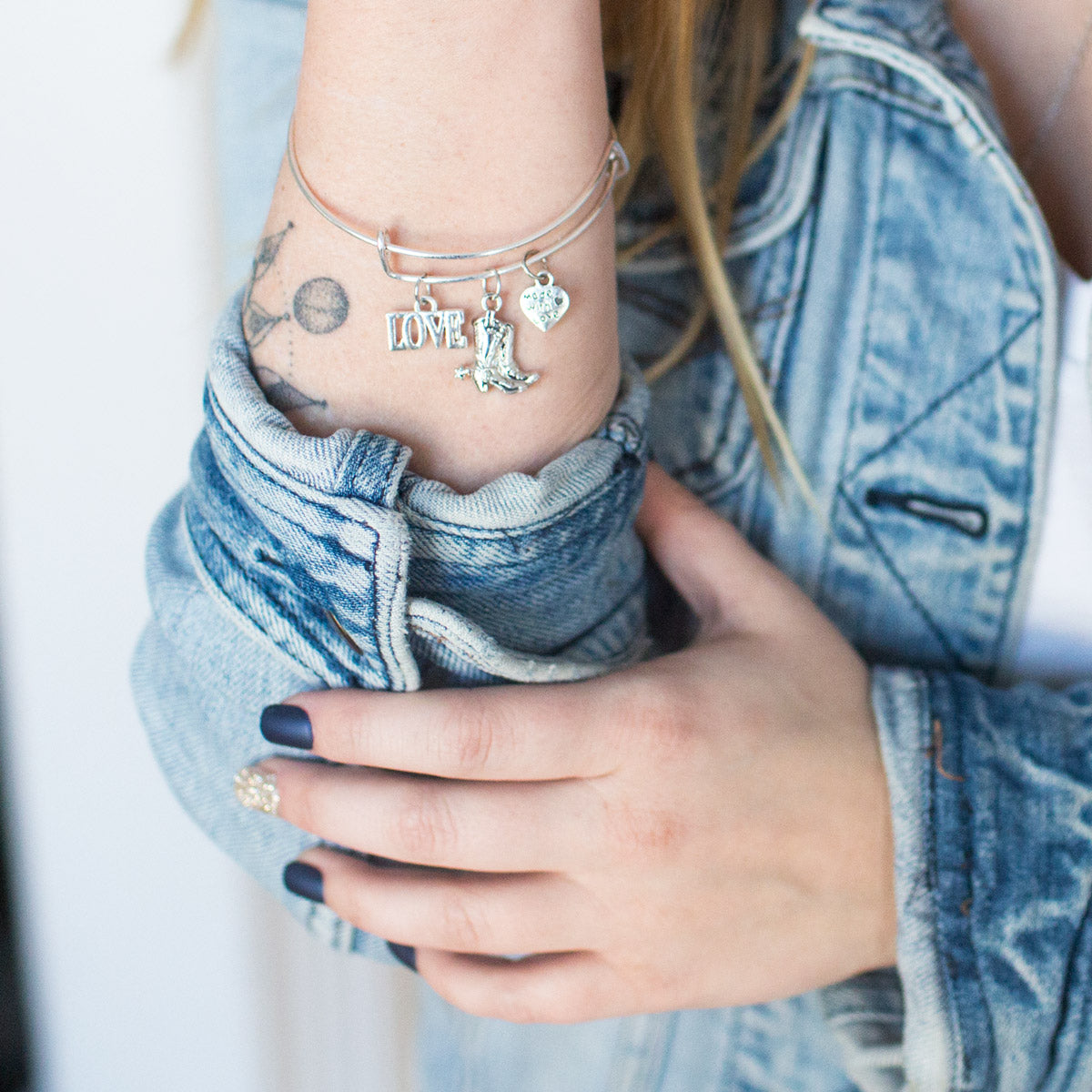 Silver Petite Cowgirl Boot Charm Wire Bangle Bracelet