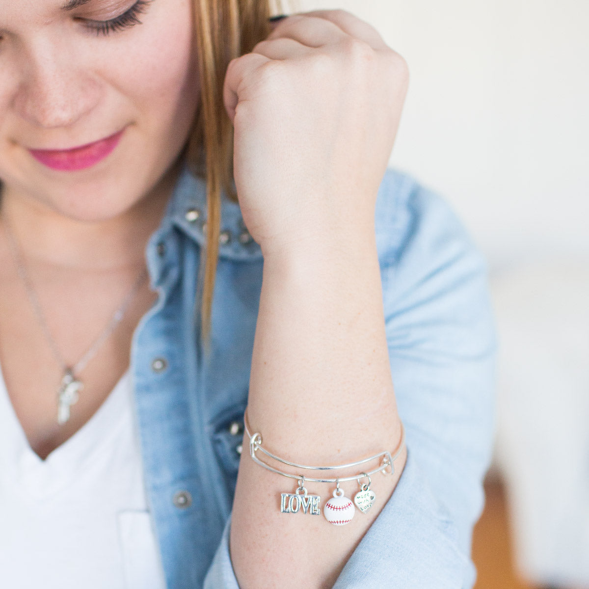 Silver Petite Baseball Charm Wire Bangle Bracelet