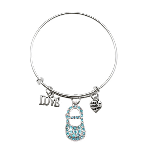 Silver Aqua Baby Shoe Charm Wire Bangle Bracelet