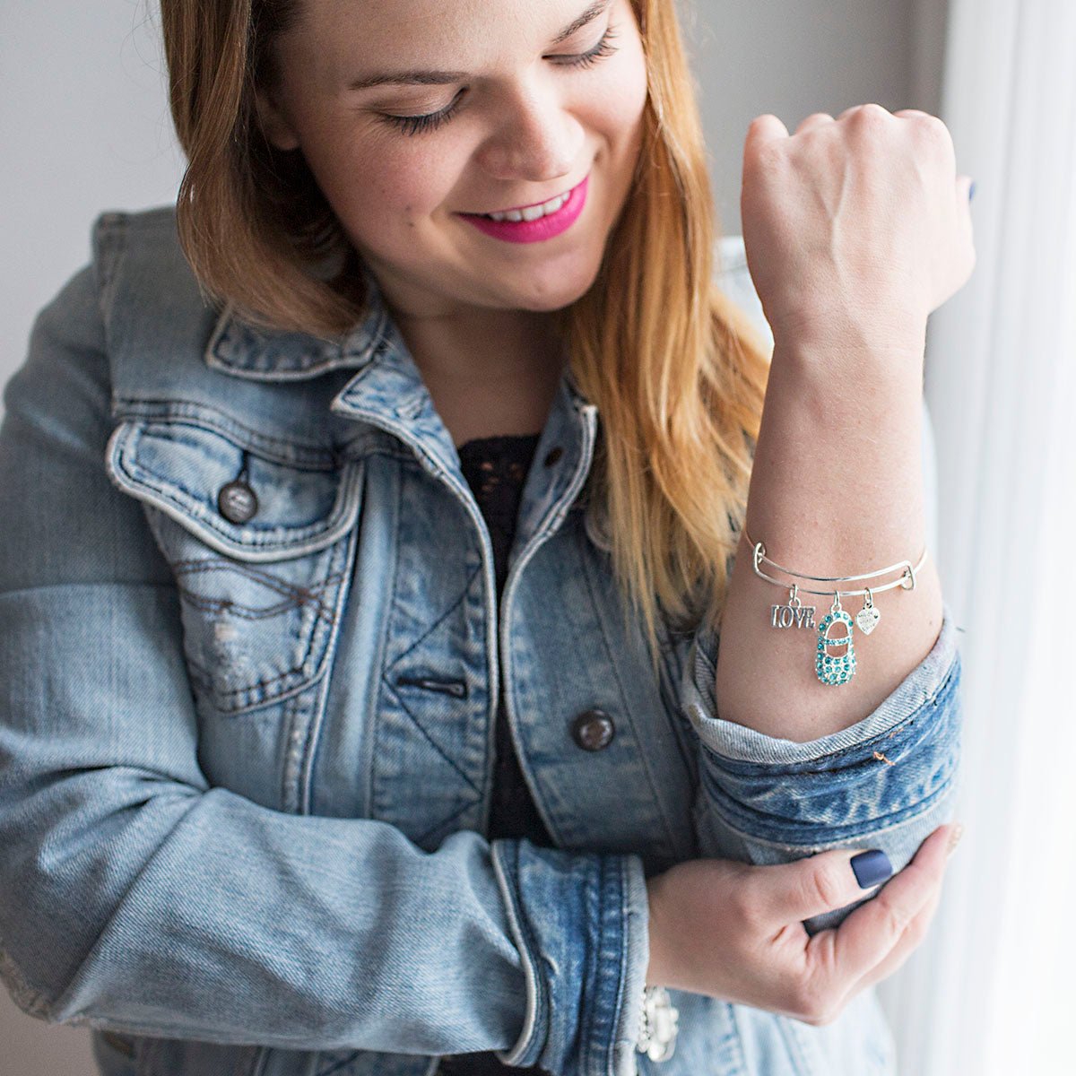 Silver Aqua Baby Shoe Charm Wire Bangle Bracelet