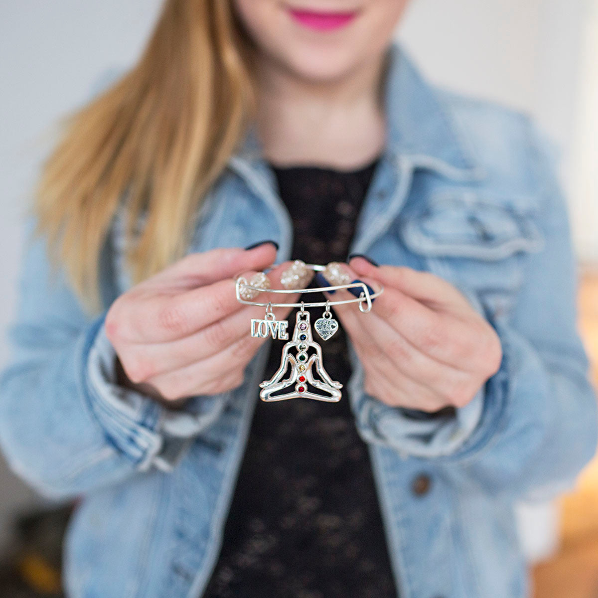 Silver Yoga Chakras Charm Wire Bangle Bracelet