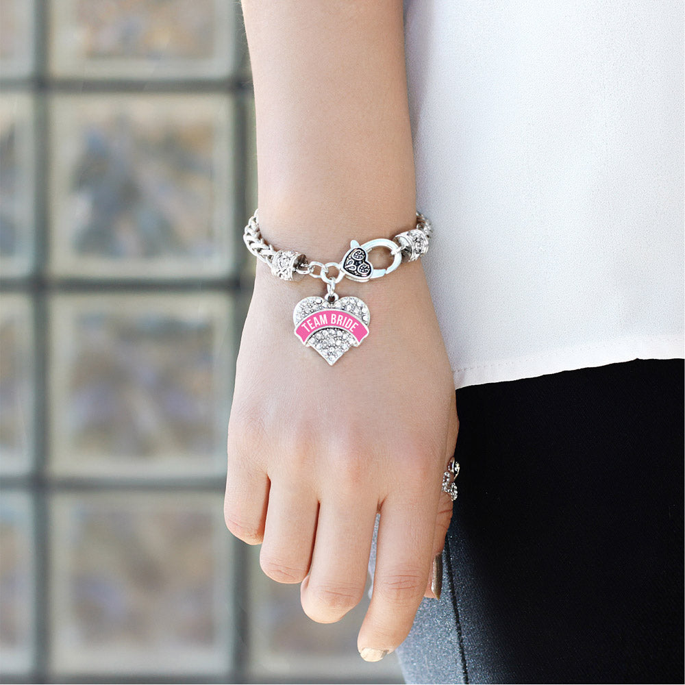 Silver Team Bride Pave Heart Charm Braided Bracelet