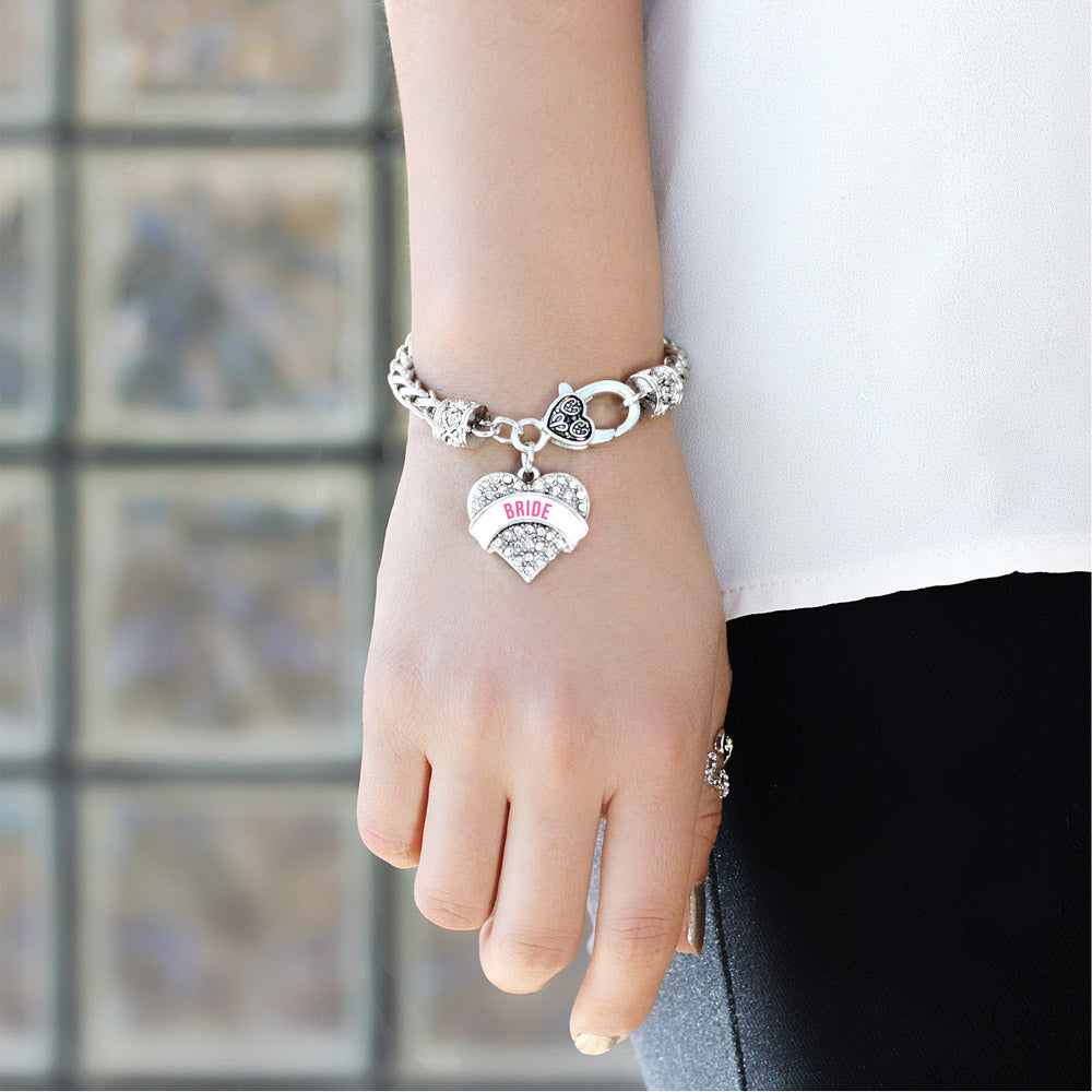 Silver White Banner Bride Pave Heart Charm Braided Bracelet