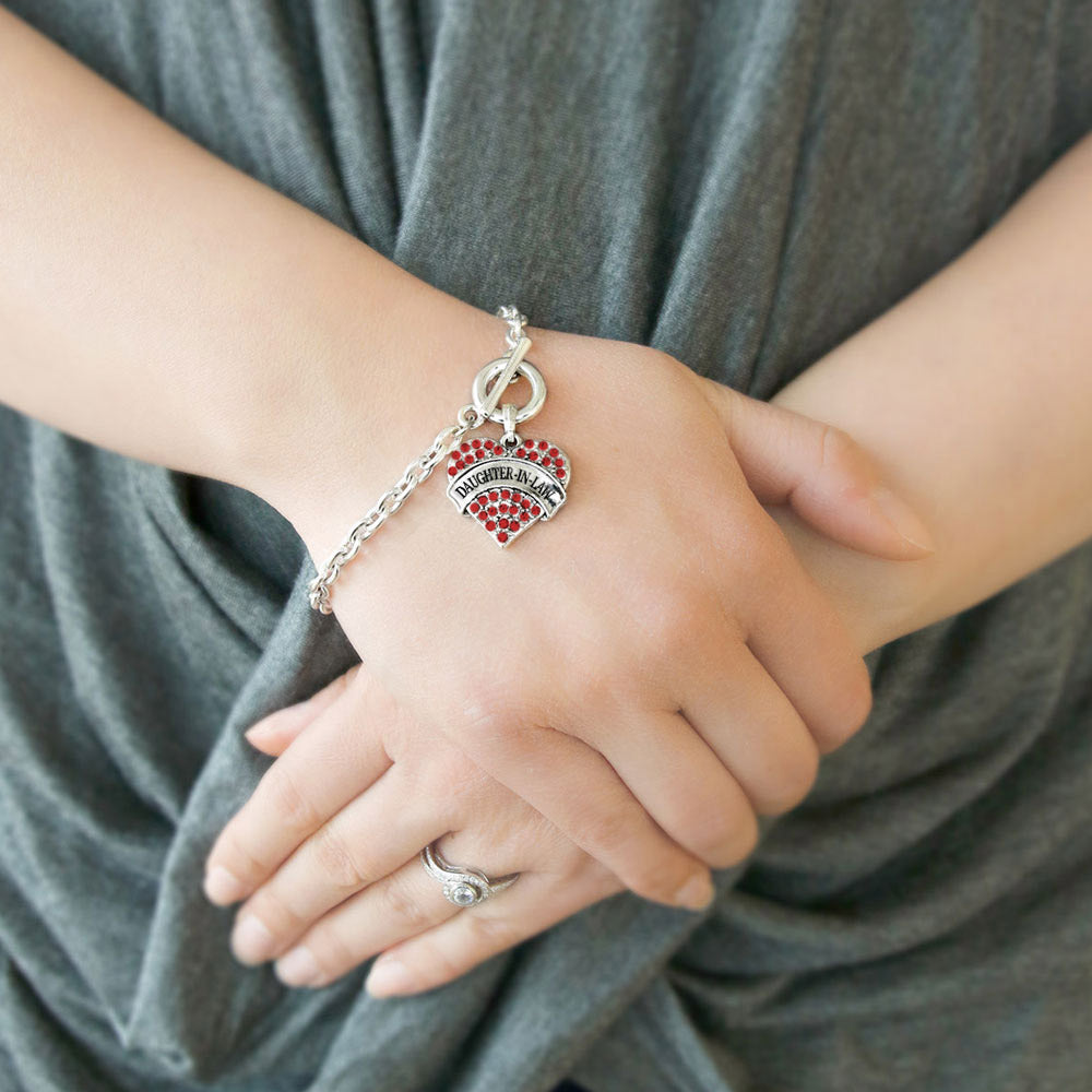 Silver Daughter-In-Law Red Pave Heart Charm Toggle Bracelet