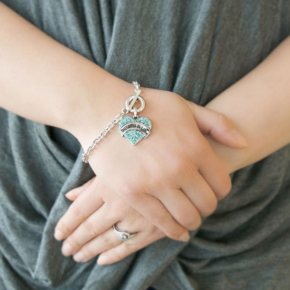 Silver Daughter-In-Law Aqua Pave Heart Charm Toggle Bracelet