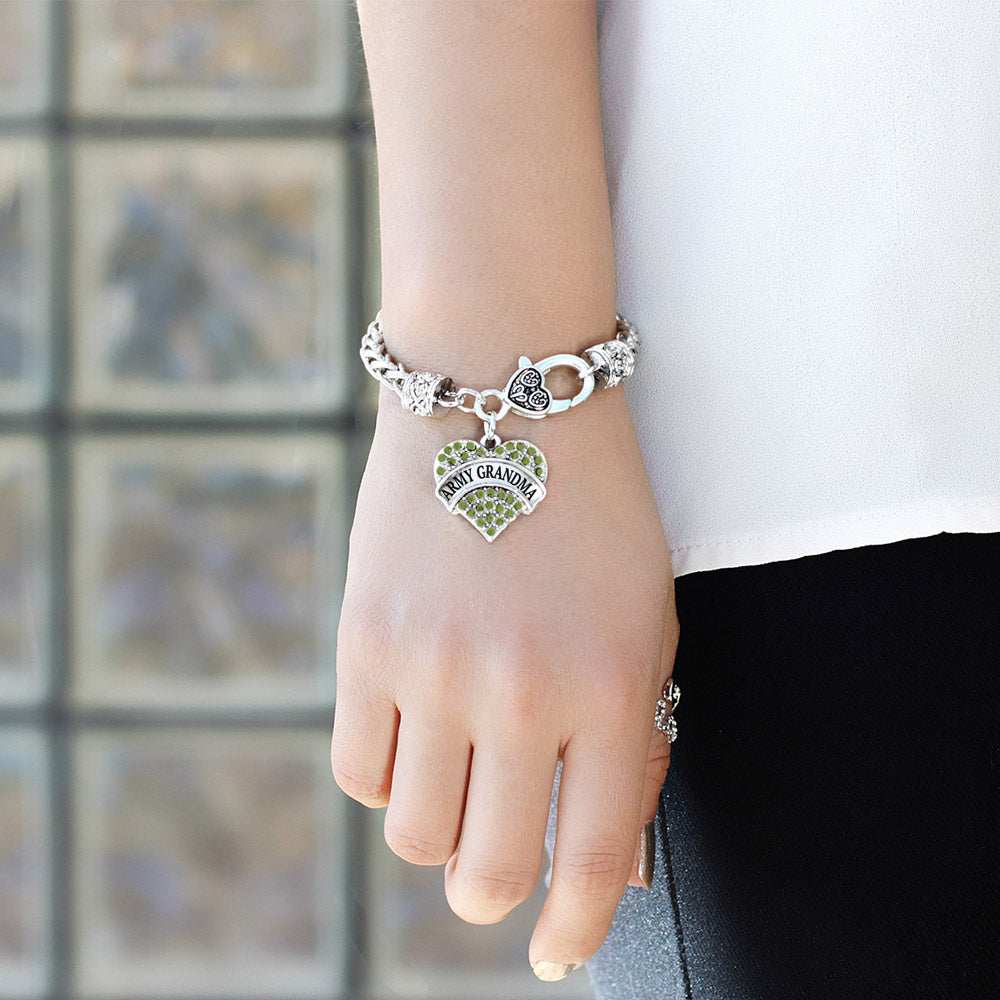Silver Army Grandma Green Pave Heart Charm Braided Bracelet