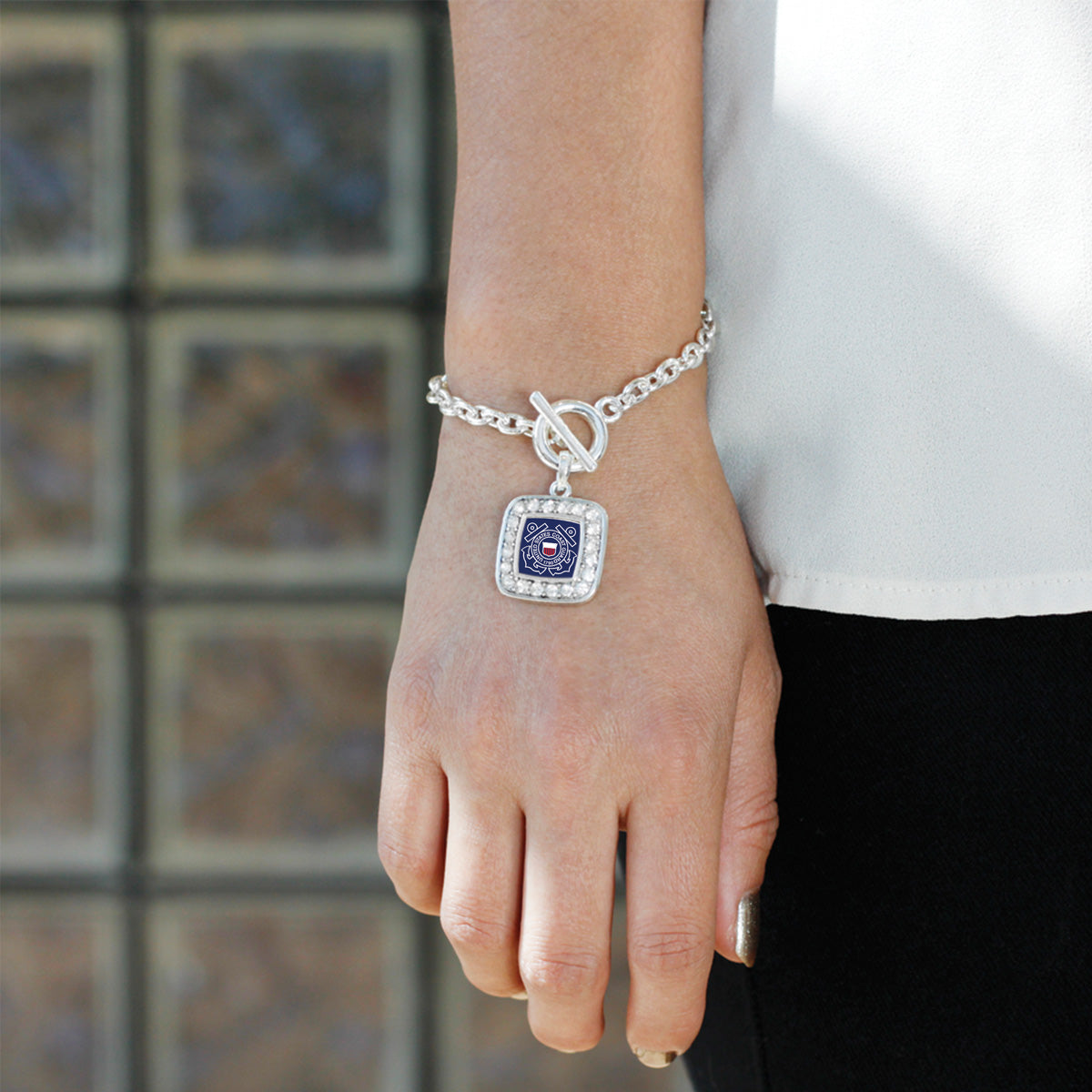 Silver Coast Guard Symbol Square Charm Toggle Bracelet