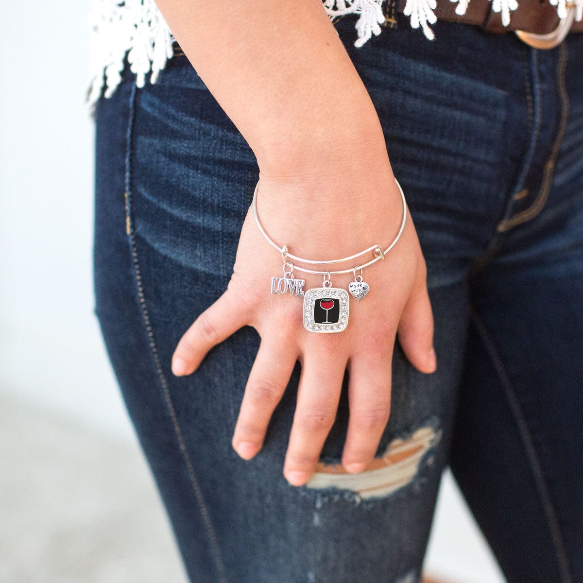 Silver Wine Lovers Square Charm Wire Bangle Bracelet