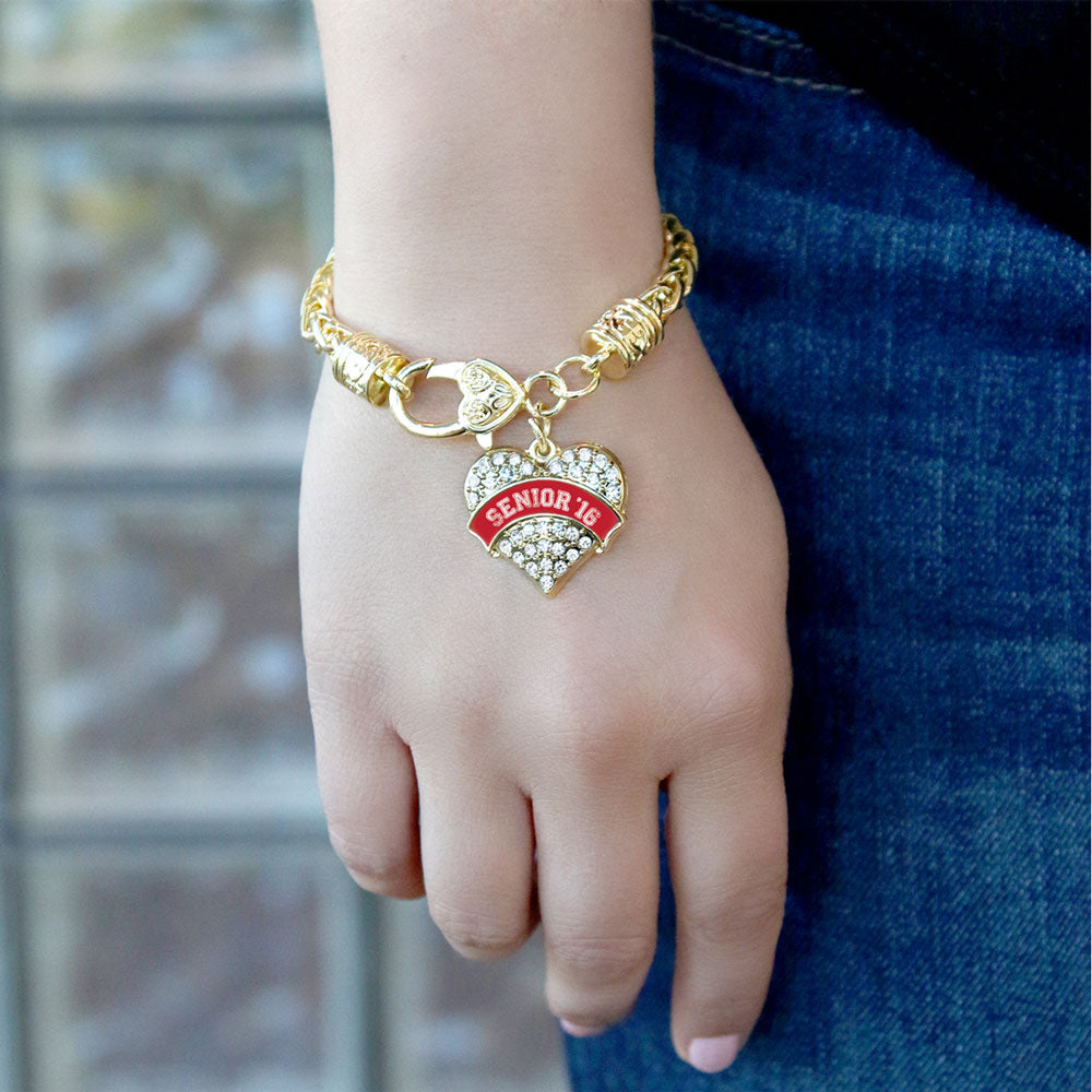 Gold Red Senior 2016 Pave Heart Charm Braided Bracelet