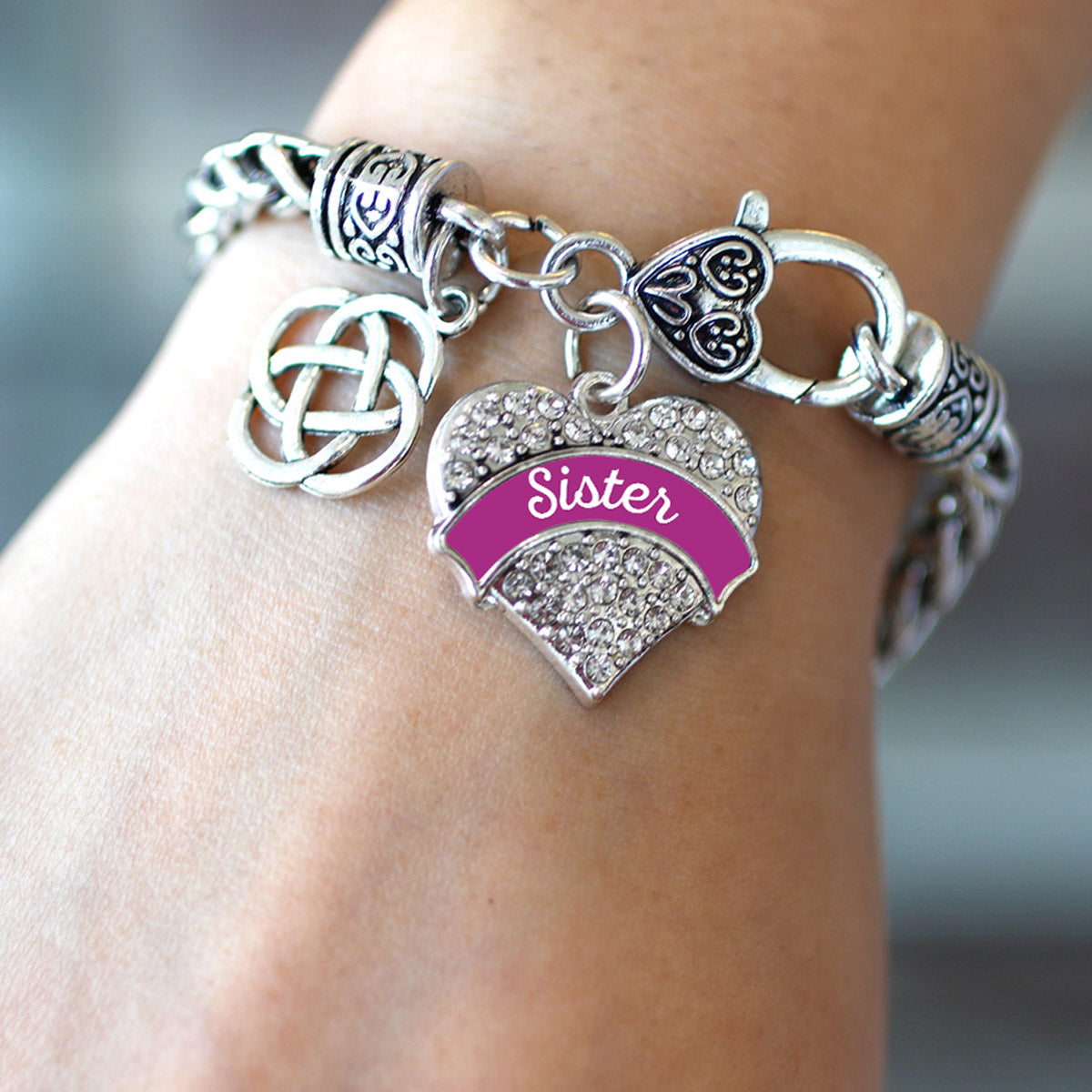 Silver Magenta Sister Celtic Knot Pave Heart Charm Braided Bracelet