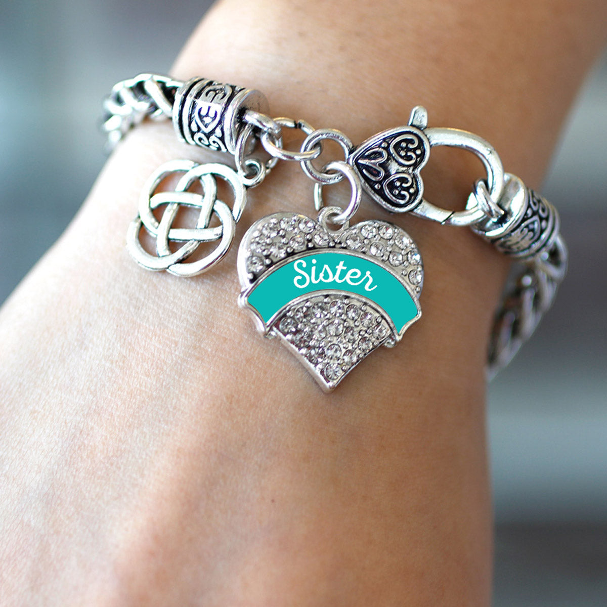Silver Teal Sister Celtic Knot Pave Heart Charm Braided Bracelet