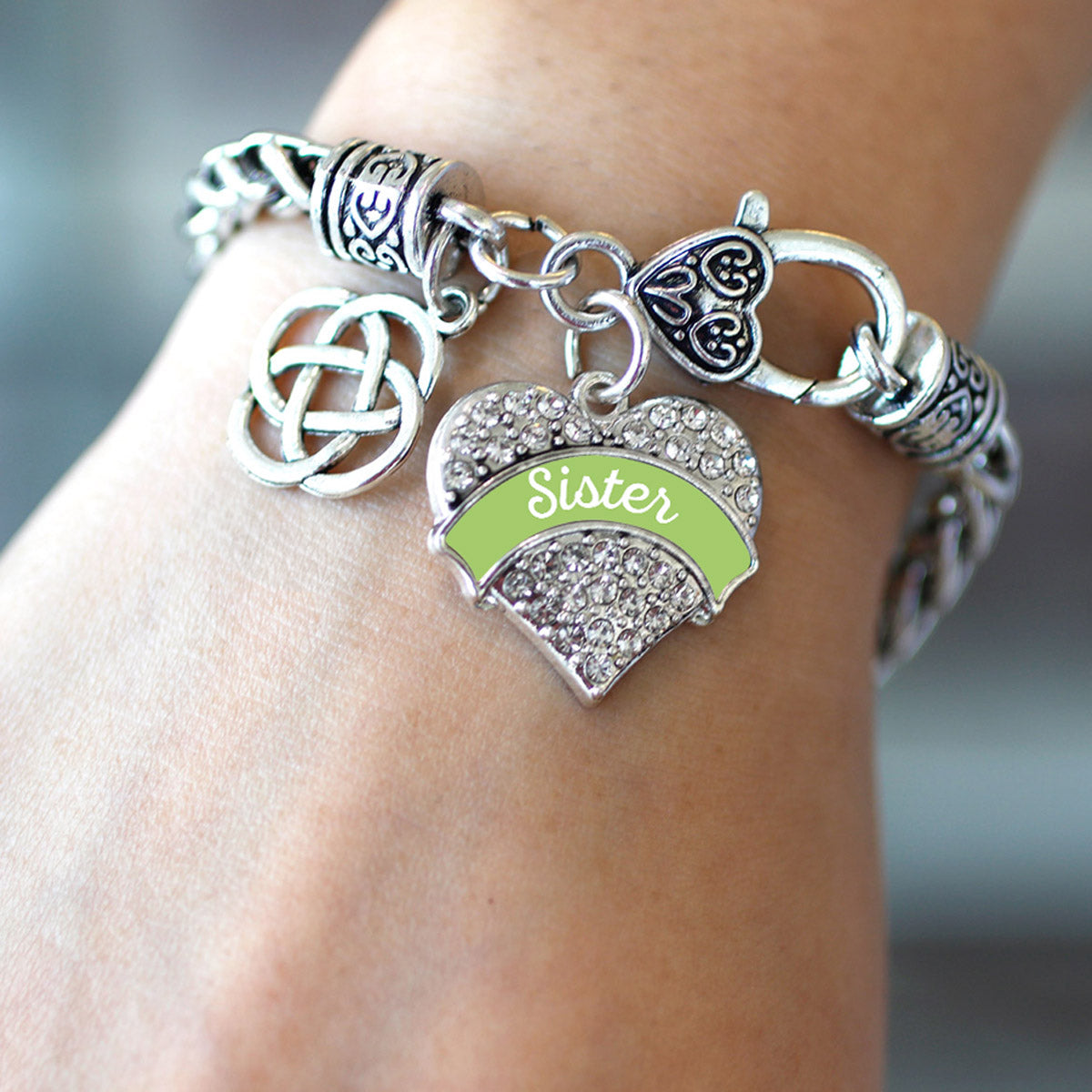 Silver Sage Green Sister Celtic Knot Pave Heart Charm Braided Bracelet