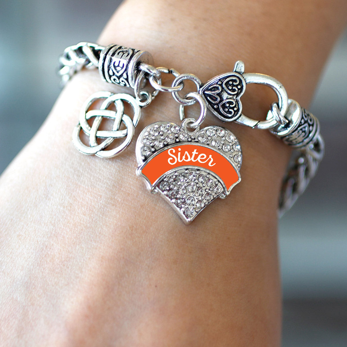 Silver Orange Sister Celtic Knot Pave Heart Charm Braided Bracelet