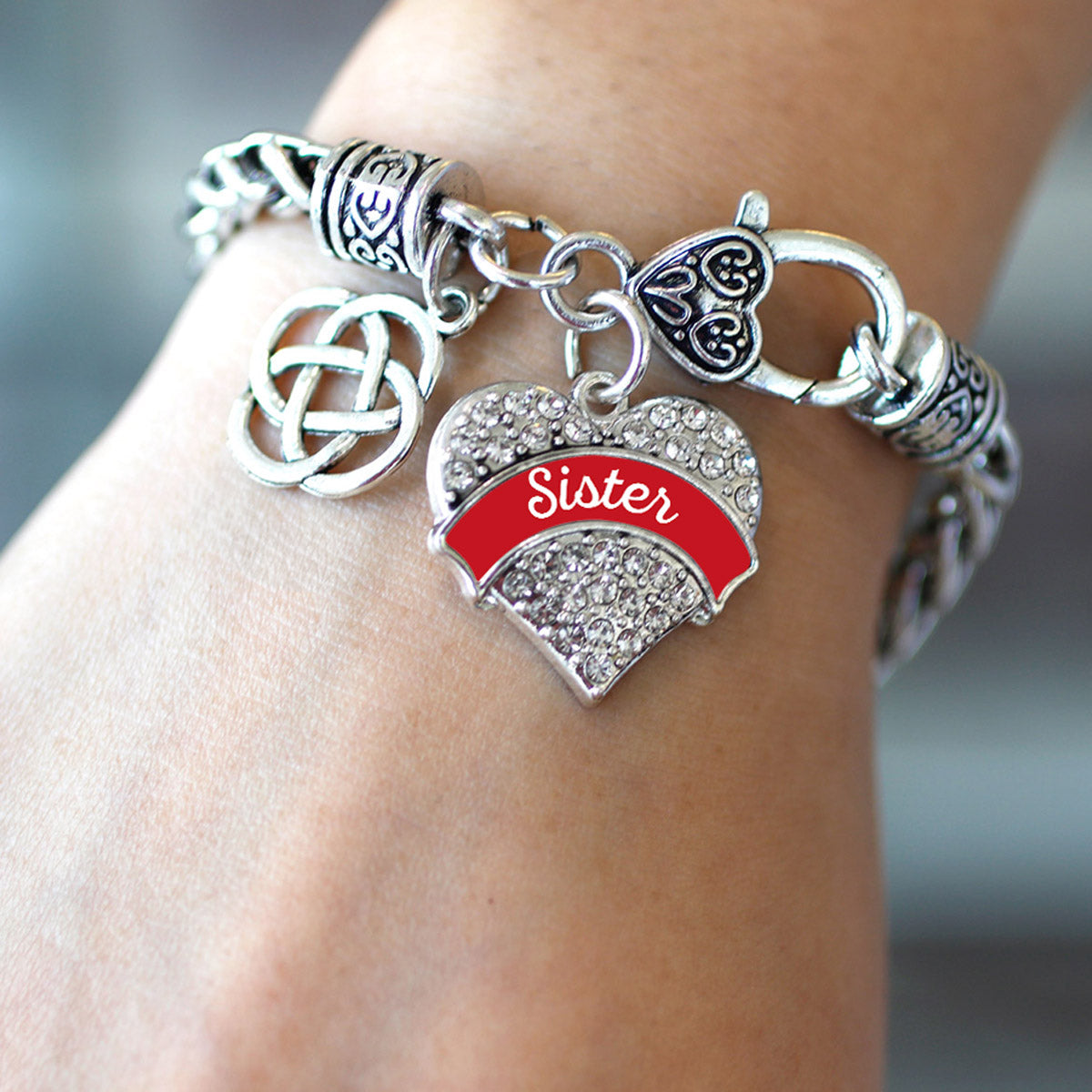 Silver Red Sister Celtic Knot Pave Heart Charm Braided Bracelet