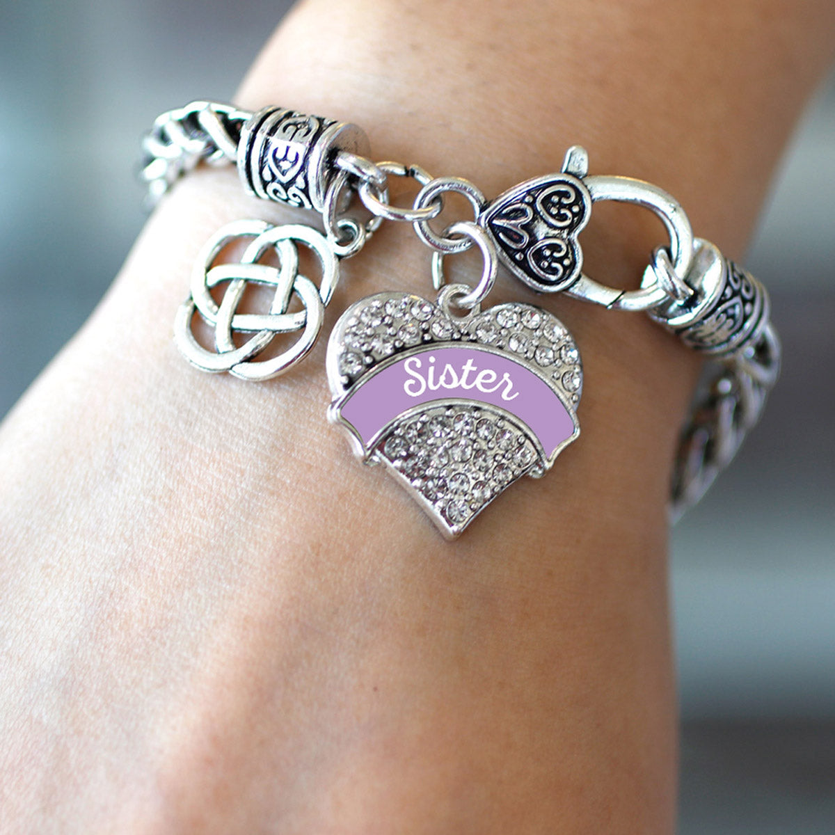 Silver Lavender Sister Celtic Knot Pave Heart Charm Braided Bracelet