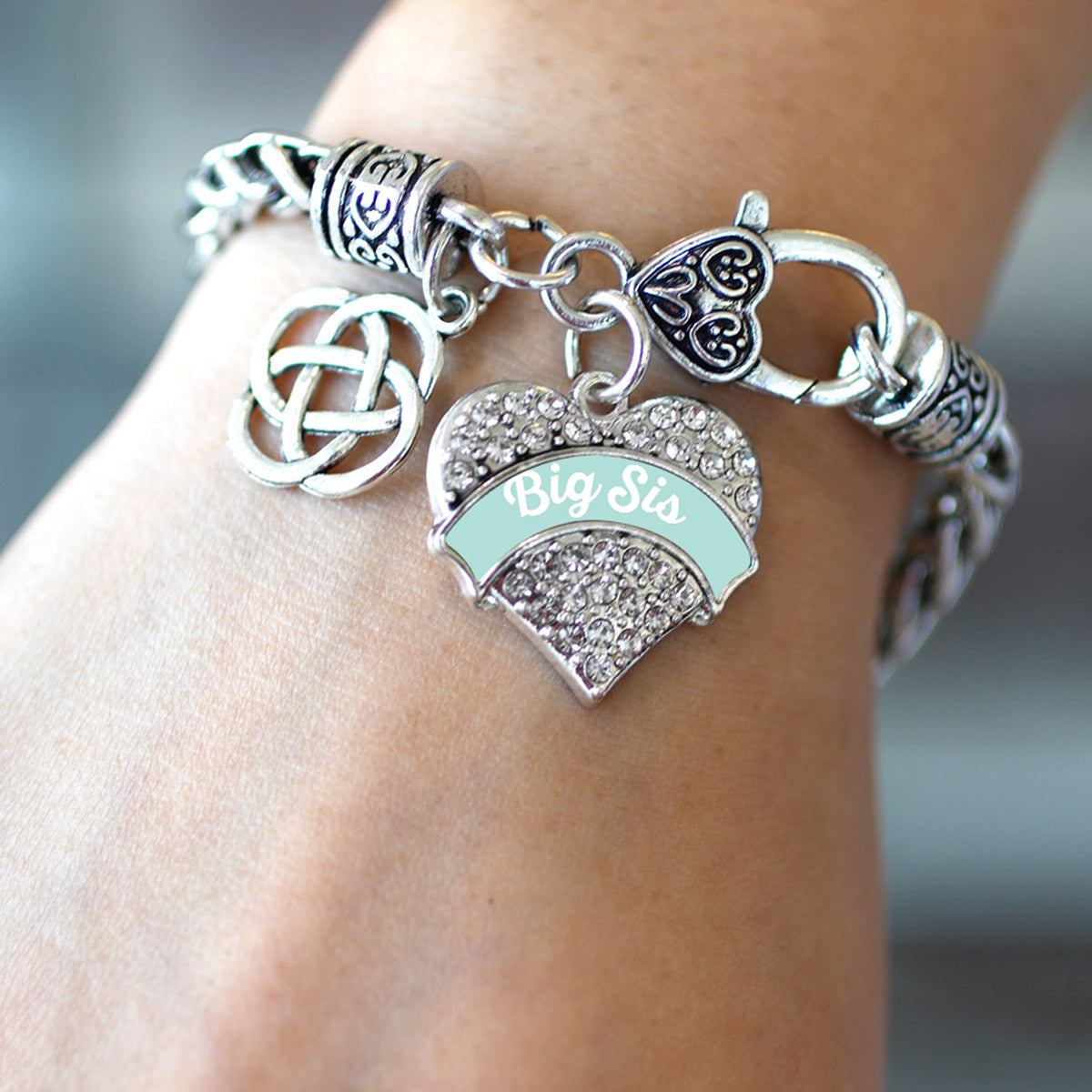Silver Mint Big Sis Celtic Knot Pave Heart Charm Braided Bracelet