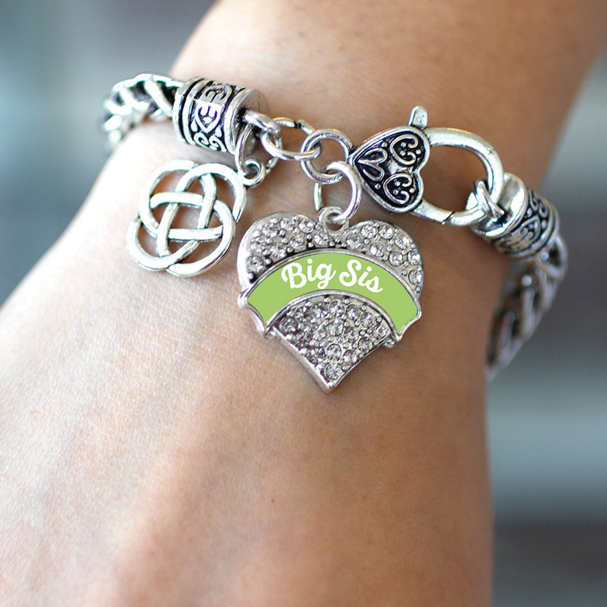 Silver Sage Green Big Sis Celtic Knot Pave Heart Charm Braided Bracelet