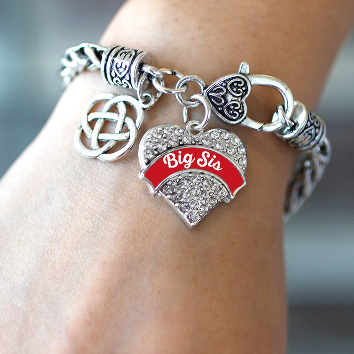 Silver Red Big Sis Celtic Knot Pave Heart Charm Braided Bracelet