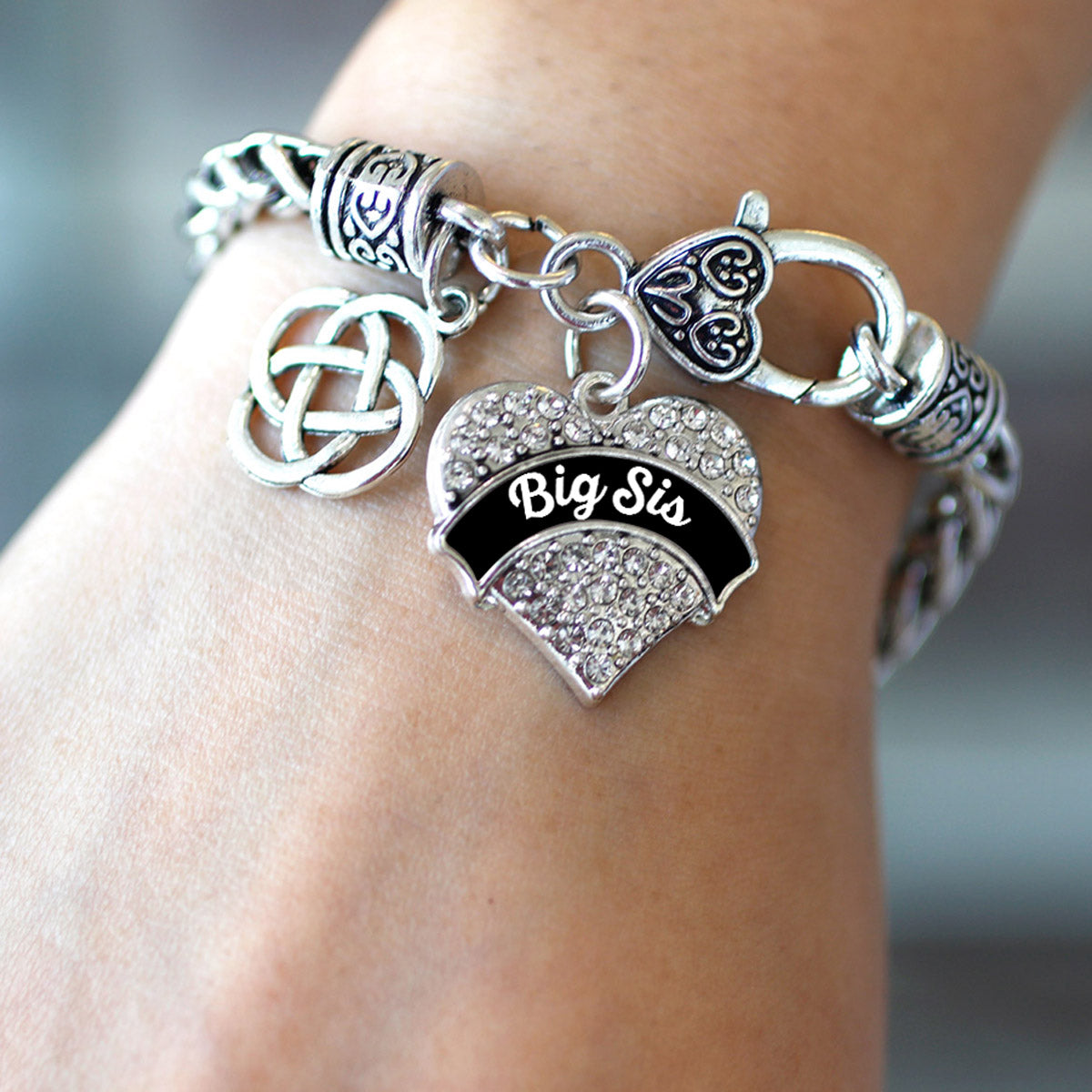 Silver Black and White Big Sis Celtic Knot Pave Heart Charm Braided Bracelet