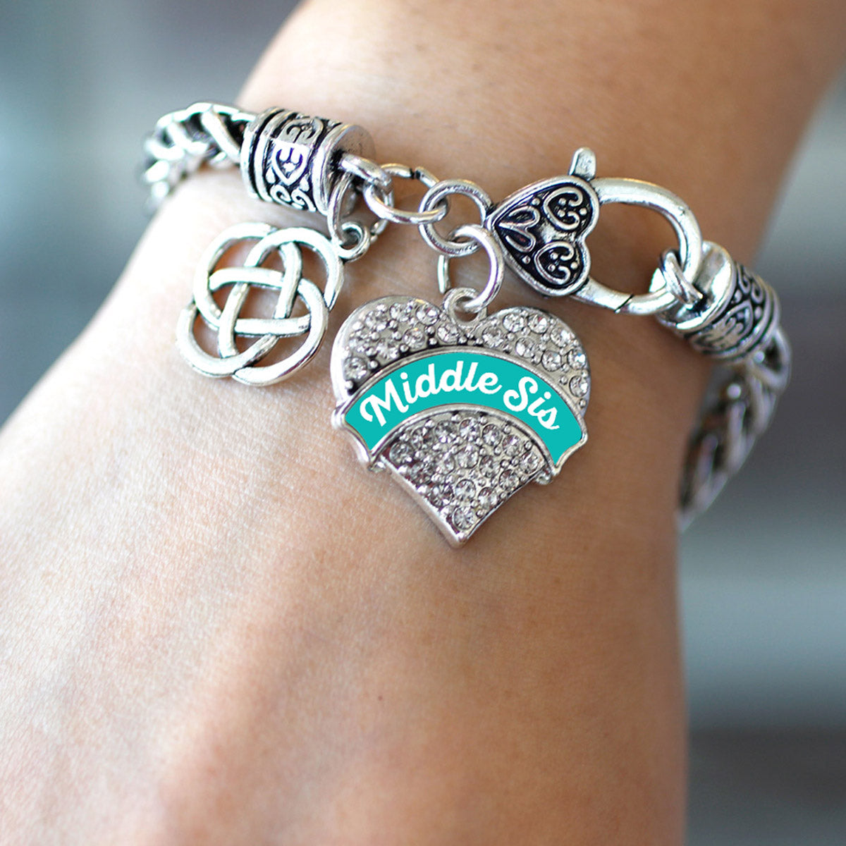 Silver Teal Middle Sis Celtic Knot Pave Heart Charm Braided Bracelet