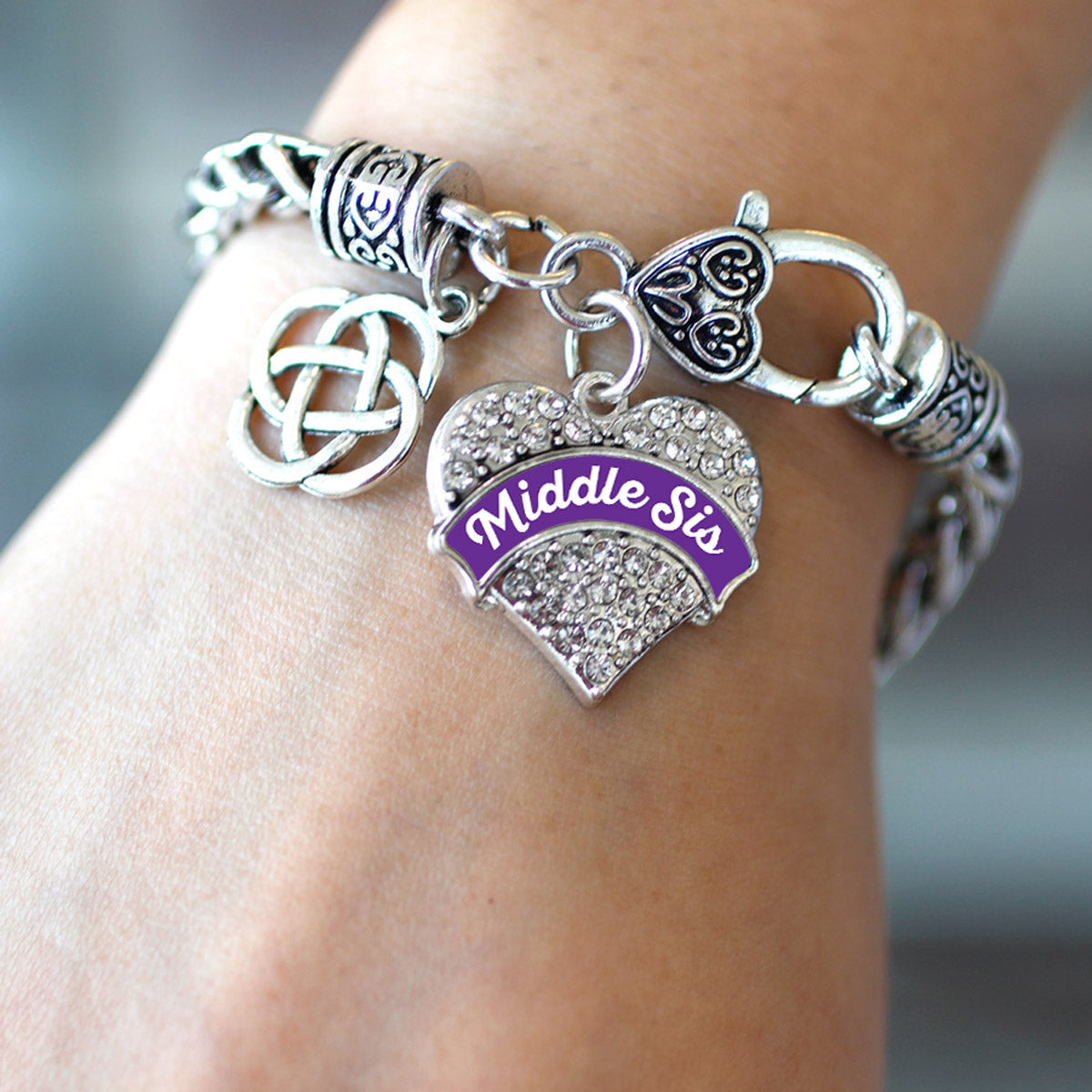 Silver Purple Middle Sis Celtic Knot Pave Heart Charm Braided Bracelet