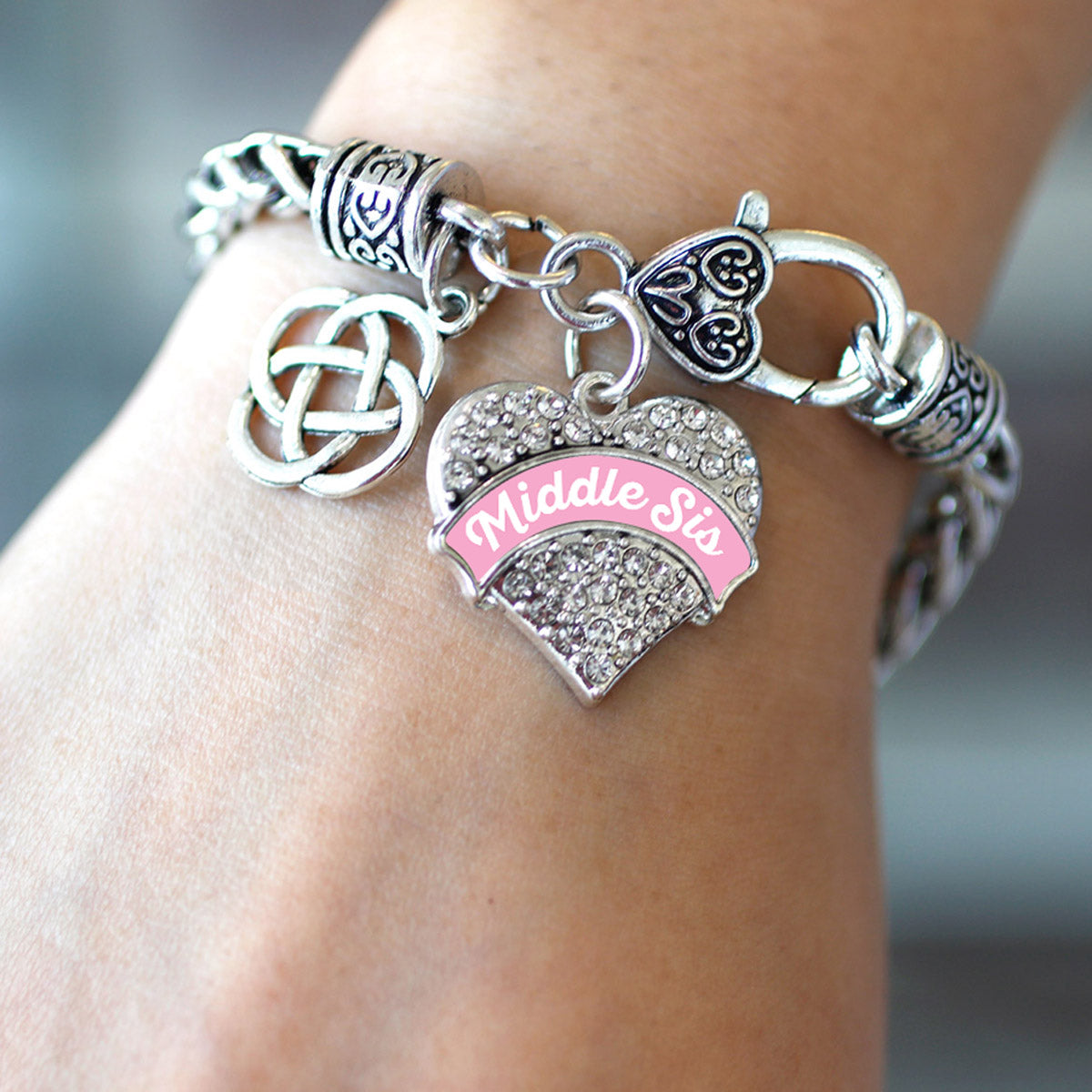Silver Pink Middle Sis Celtic Knot Pave Heart Charm Braided Bracelet