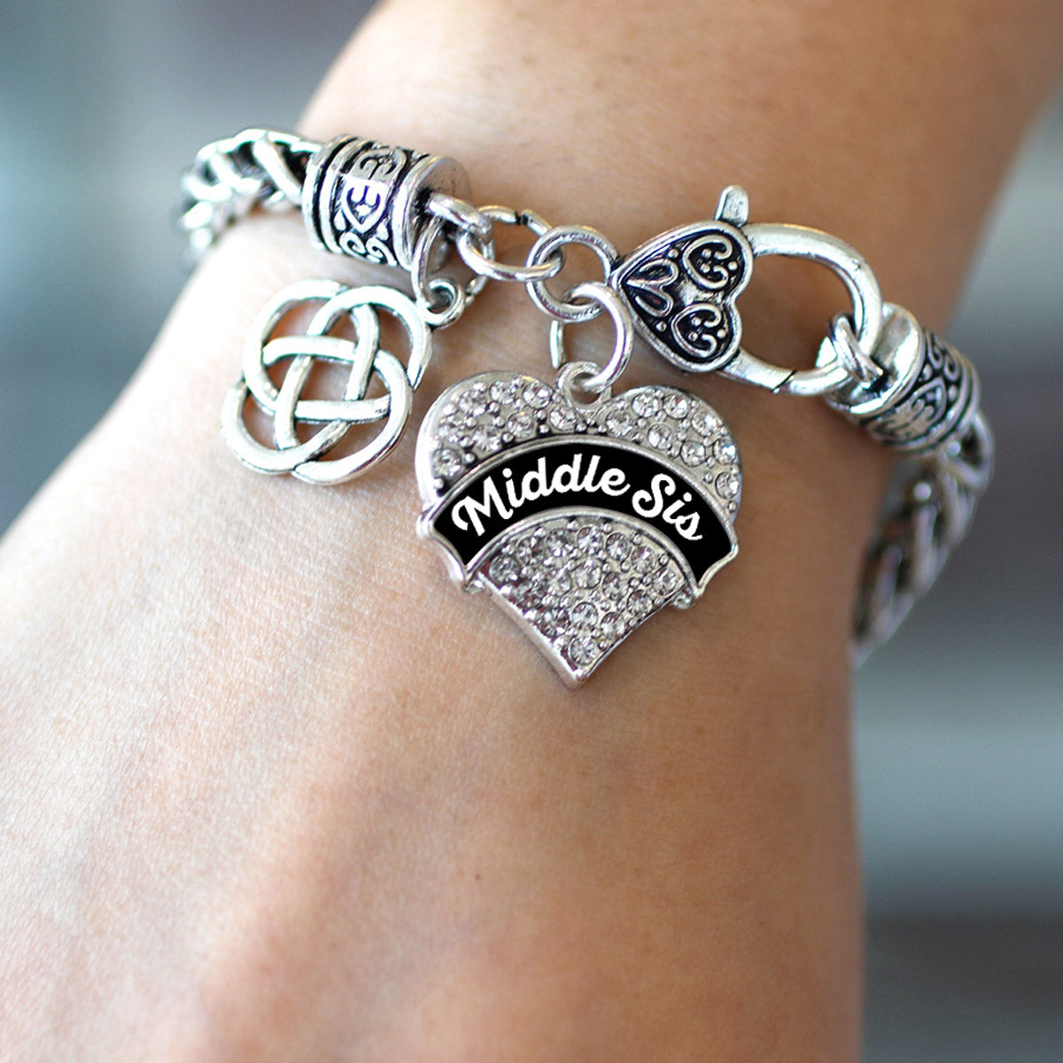 Silver Black and White Middle Sis Celtic Knot Pave Heart Charm Braided Bracelet