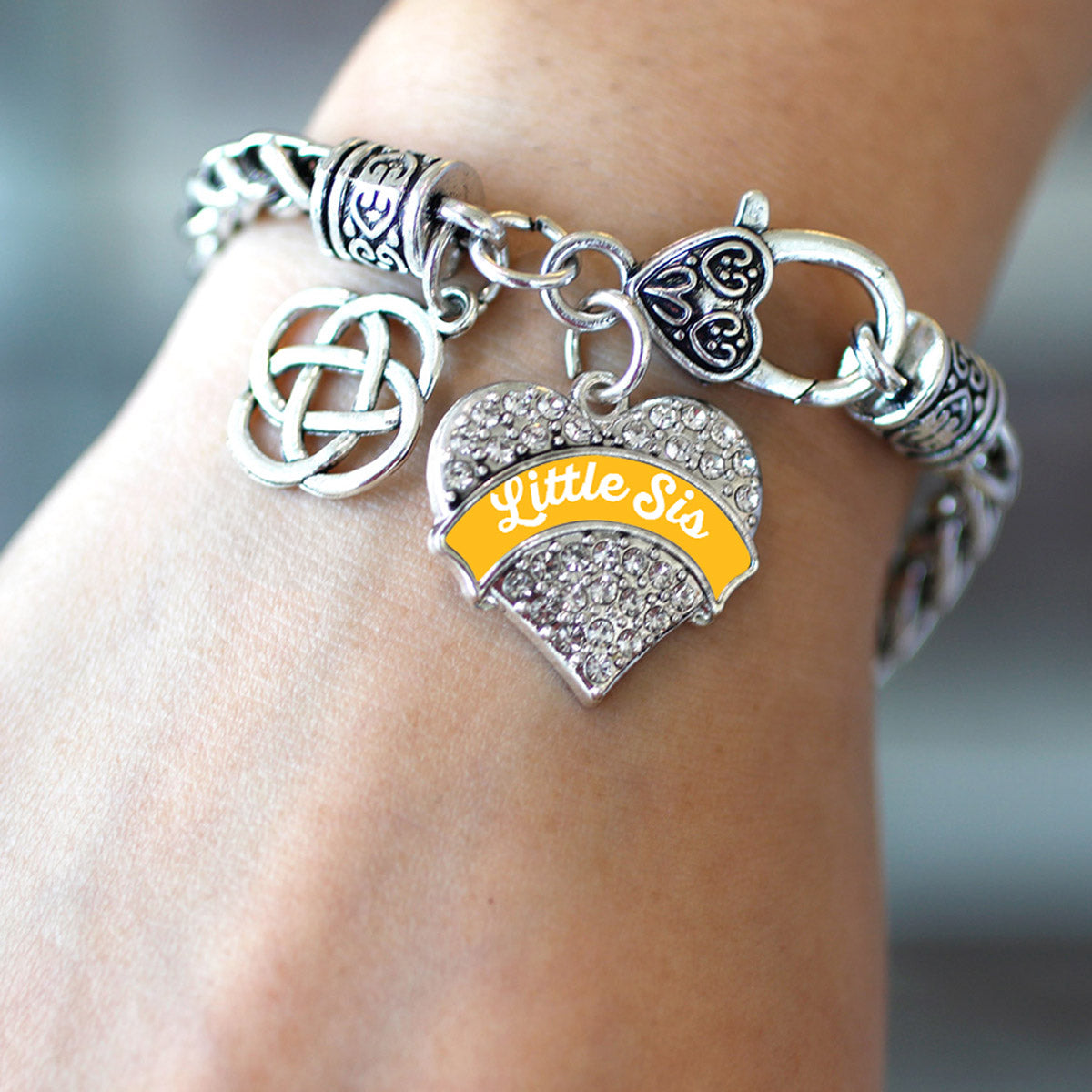 Silver Marigold Little Sis Celtic Knot Pave Heart Charm Braided Bracelet