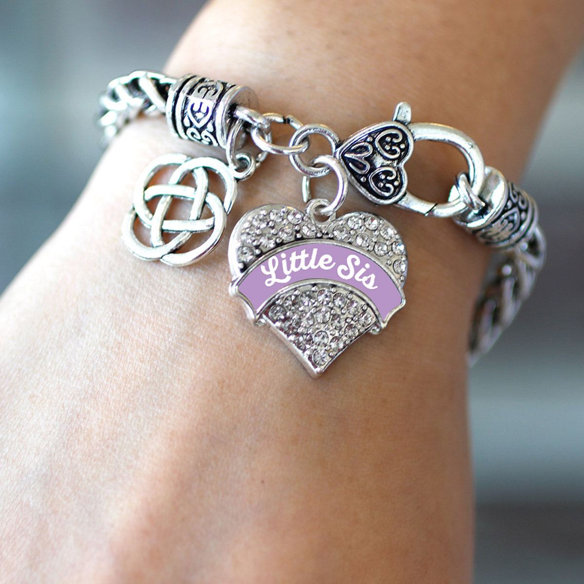 Silver Lavender Little Sis Celtic Knot Pave Heart Charm Braided Bracelet