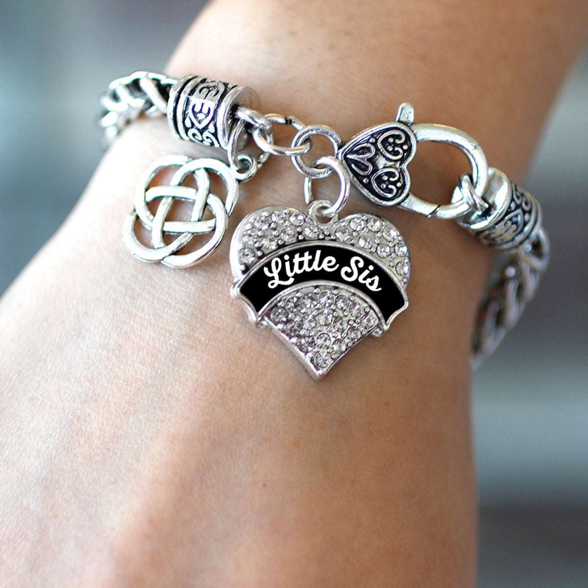 Silver Black and White Little Sis Celtic Knot Pave Heart Charm Braided Bracelet