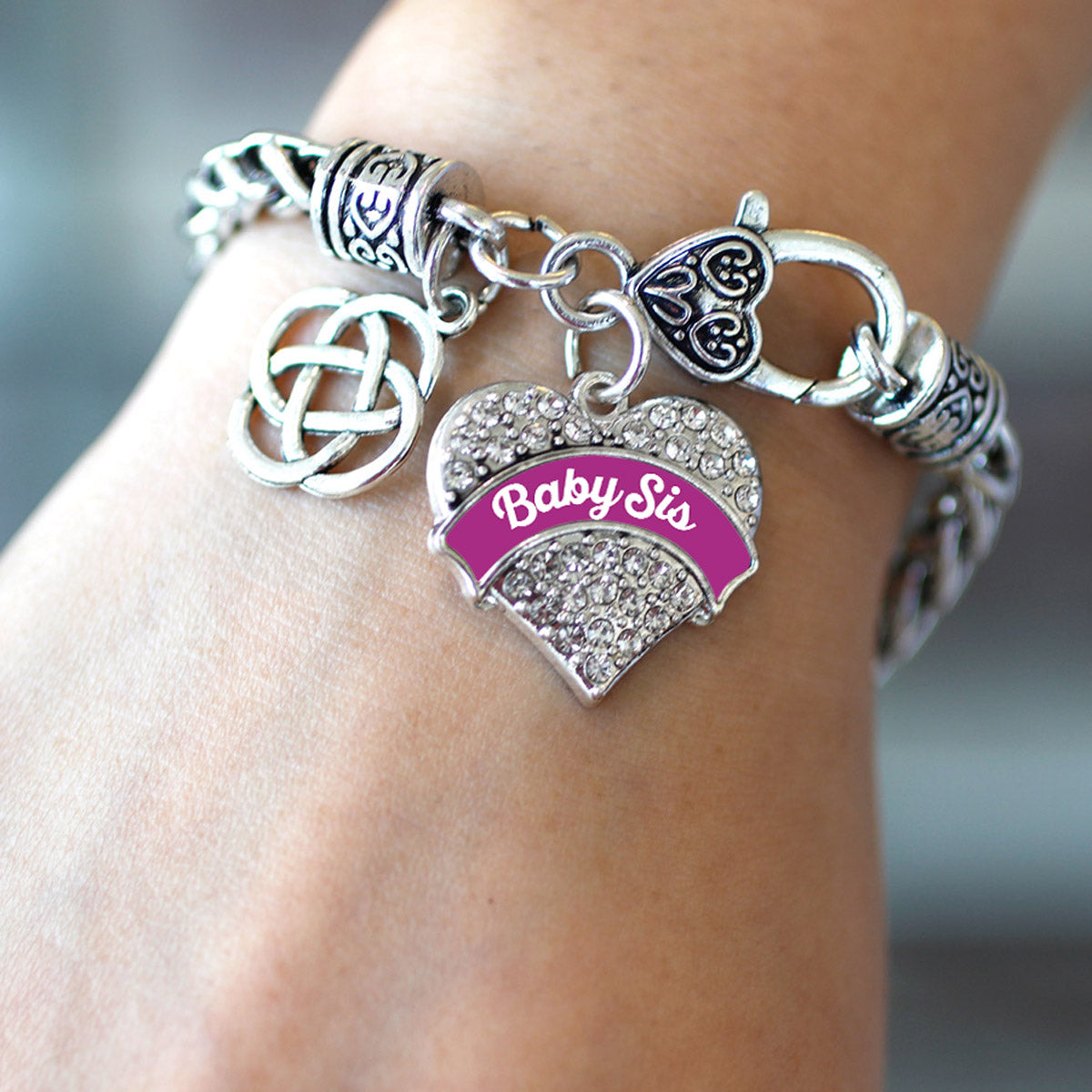 Silver Magenta Baby Sis Celtic Knot Pave Heart Charm Braided Bracelet