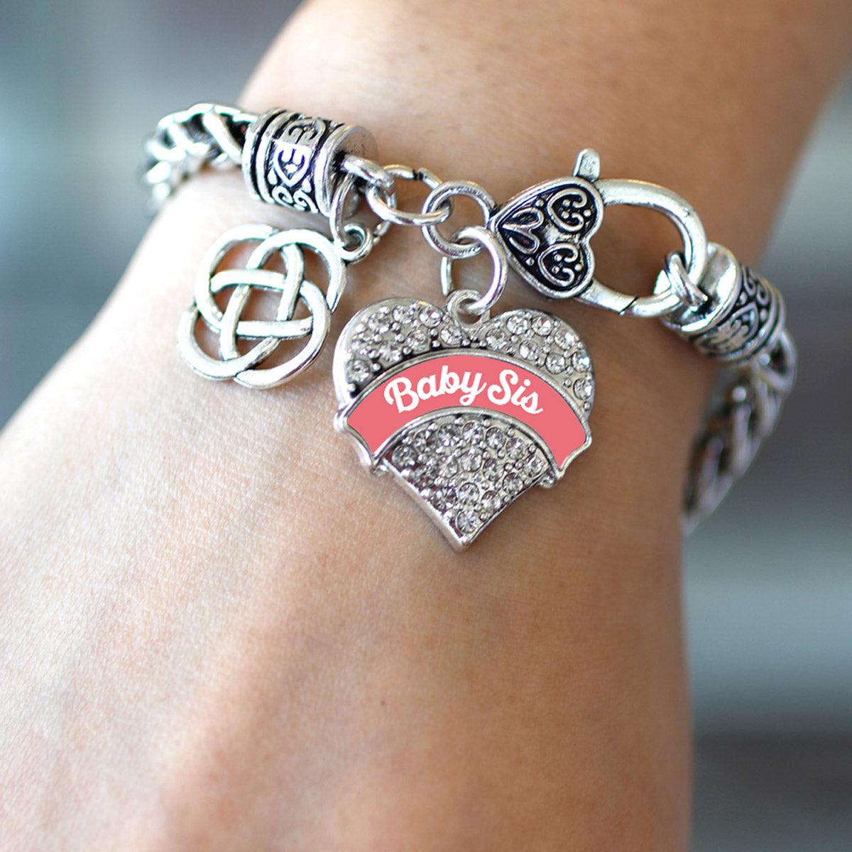 Silver Coral Baby Sis Celtic Knot Pave Heart Charm Braided Bracelet