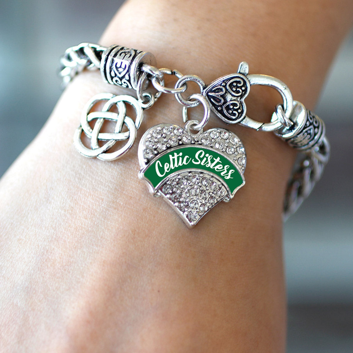 Silver Celtic Sisters Celtic Knot Pave Heart Charm Braided Bracelet