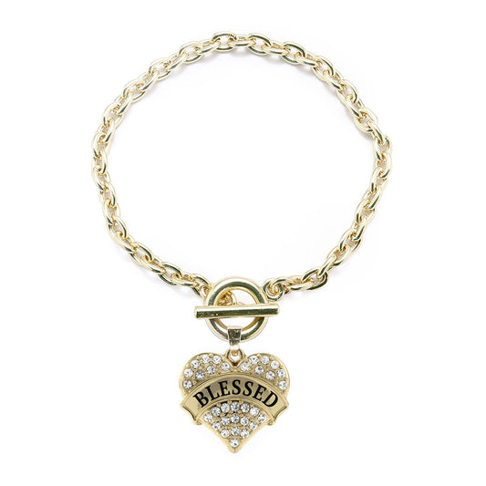 Gold Blessed Pave Heart Charm Toggle Bracelet