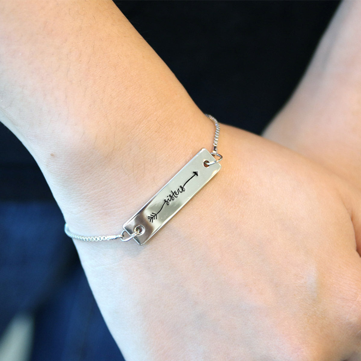 Silver Sisters - Arrow Text Adjustable Bar Bracelet