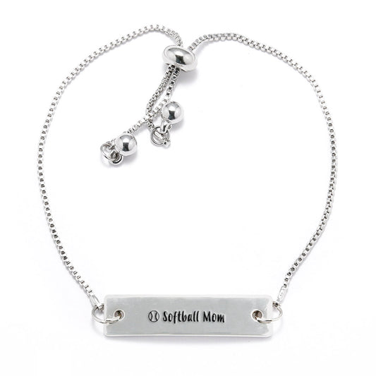 Silver Softball Mom Adjustable Bar Bracelet