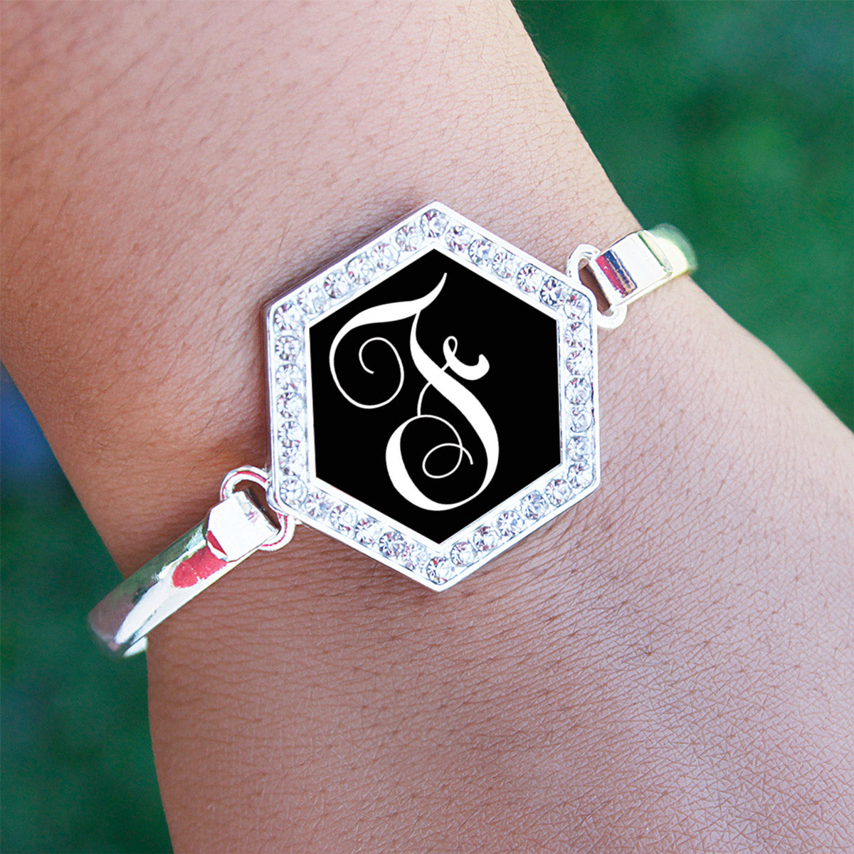 Silver Monogram - F Hexagon Charm Bangle Bracelet