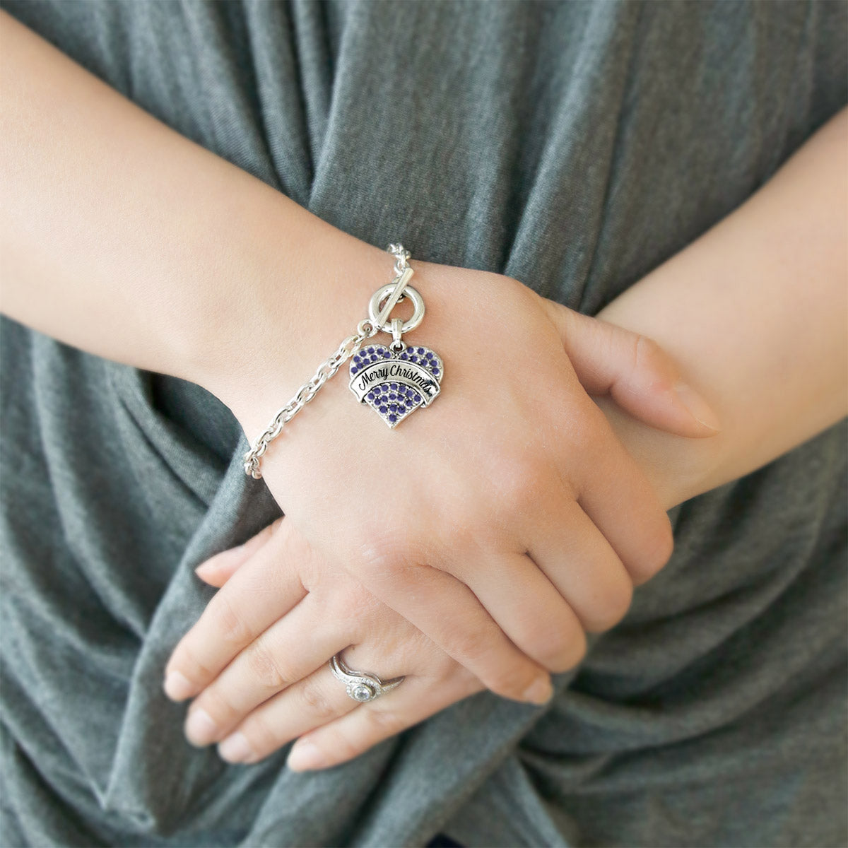 Silver Merry Christmas Navy Blue Blue Pave Heart Charm Toggle Bracelet